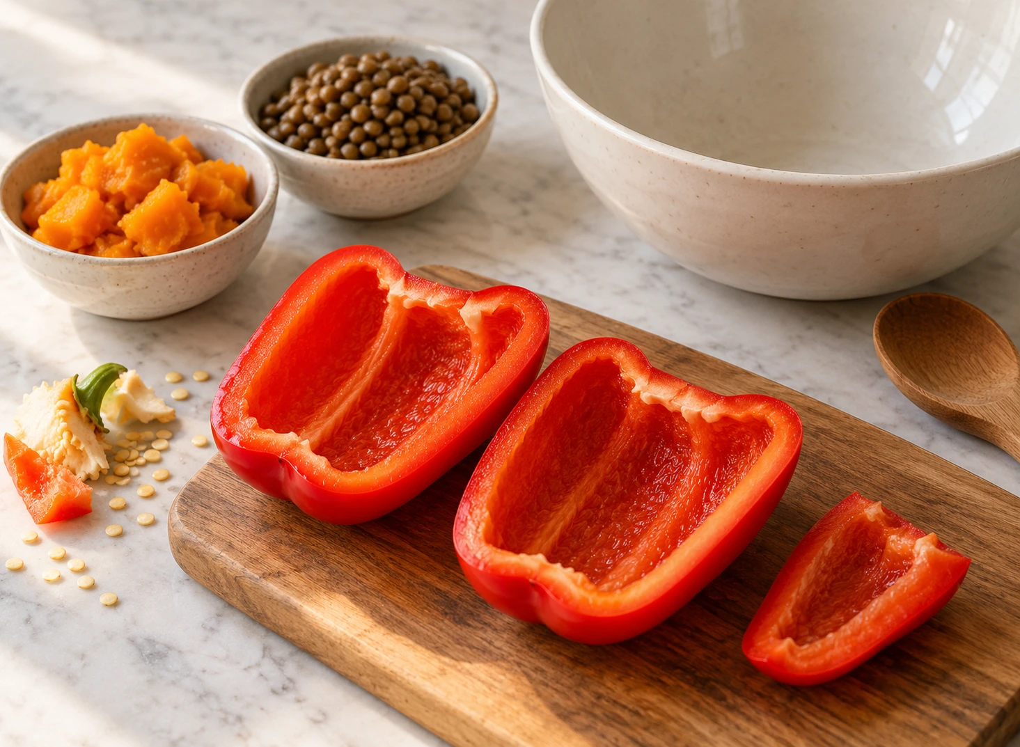 Birds Pumpkin and Lentil Stuffed Pepper Halves step 1