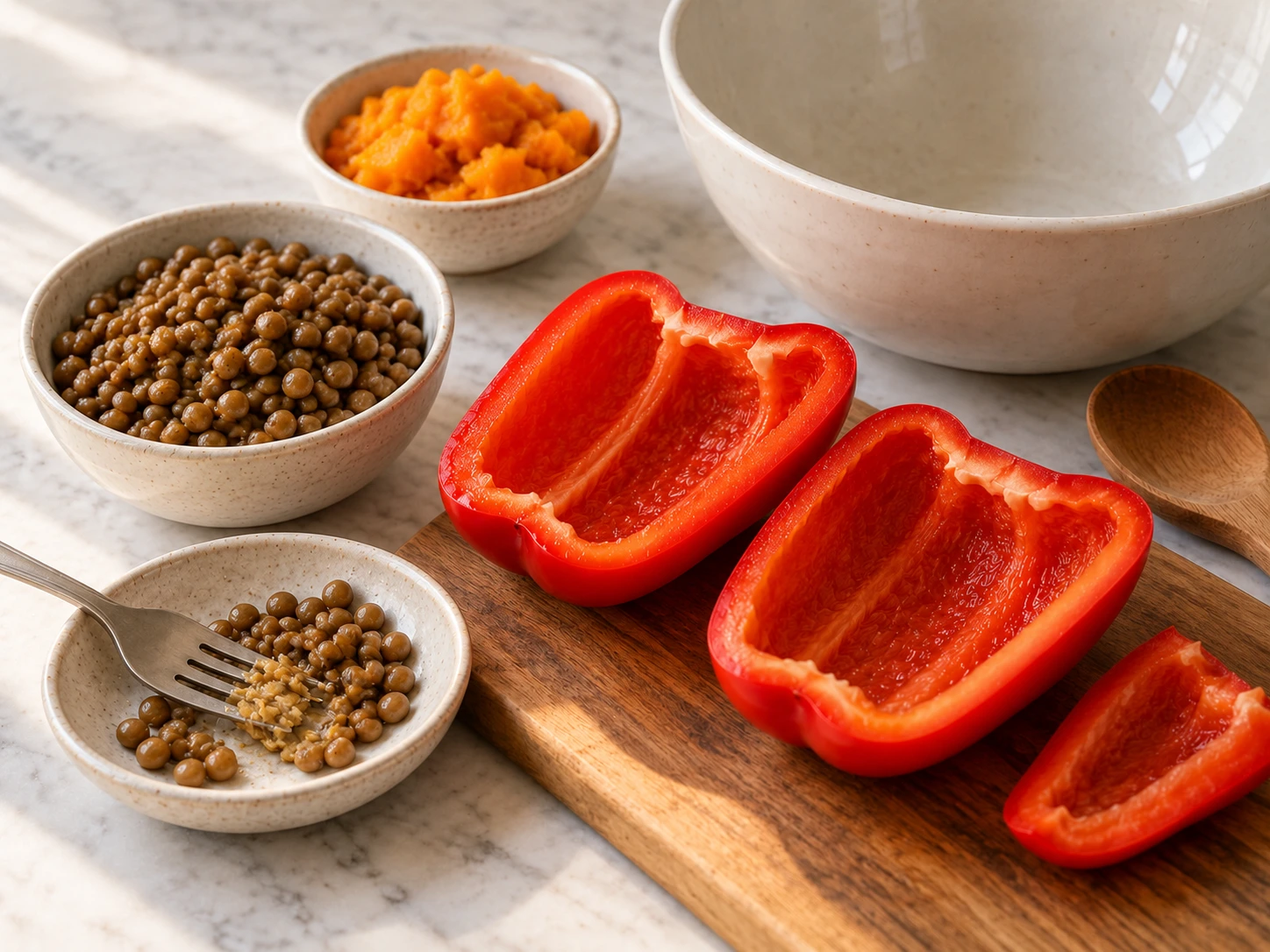 Birds Pumpkin and Lentil Stuffed Pepper Halves step 2