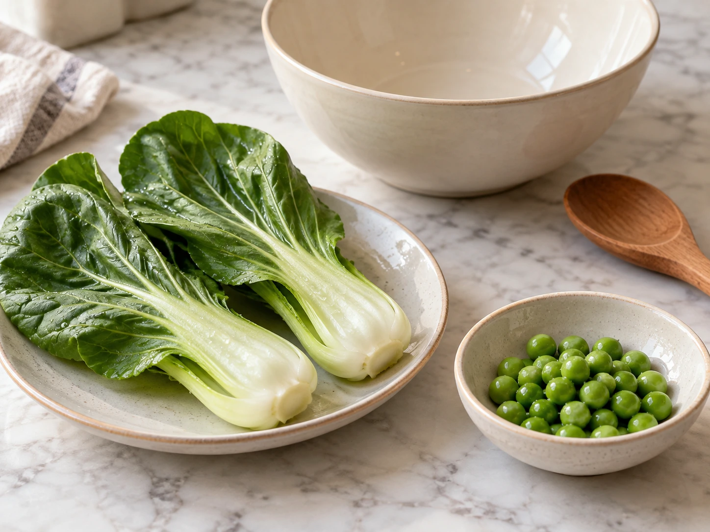 Birds Steamed Bok Choy and Pea Leaf Fans step 1