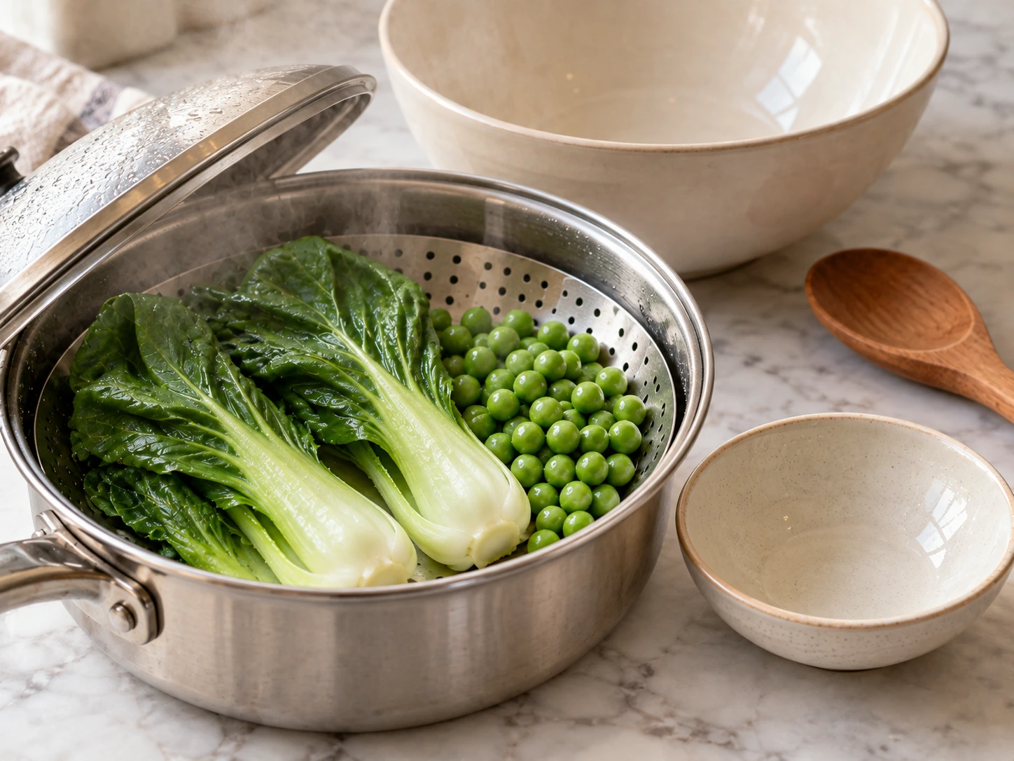 Birds Steamed Bok Choy and Pea Leaf Fans step 2