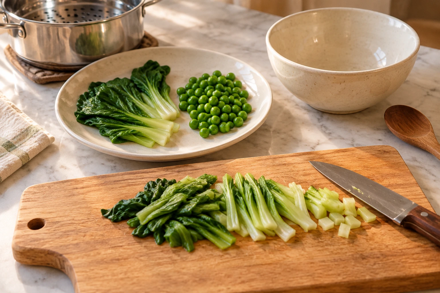 Birds Steamed Bok Choy and Pea Leaf Fans step 3