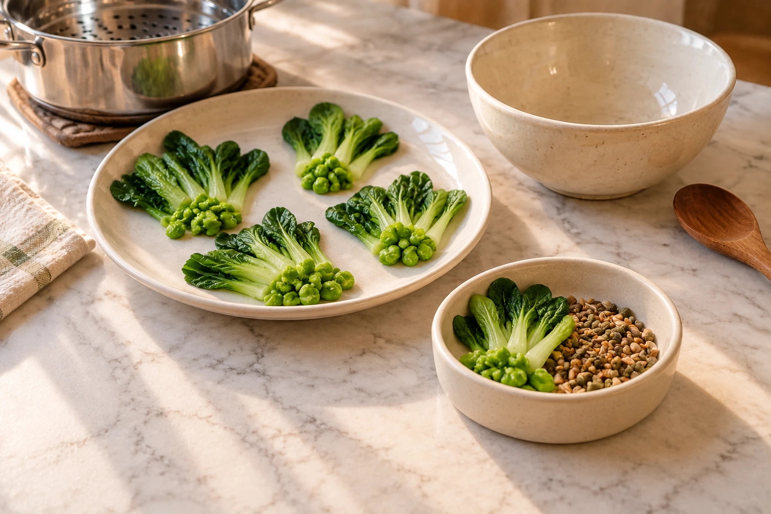 Birds Steamed Bok Choy and Pea Leaf Fans step 5