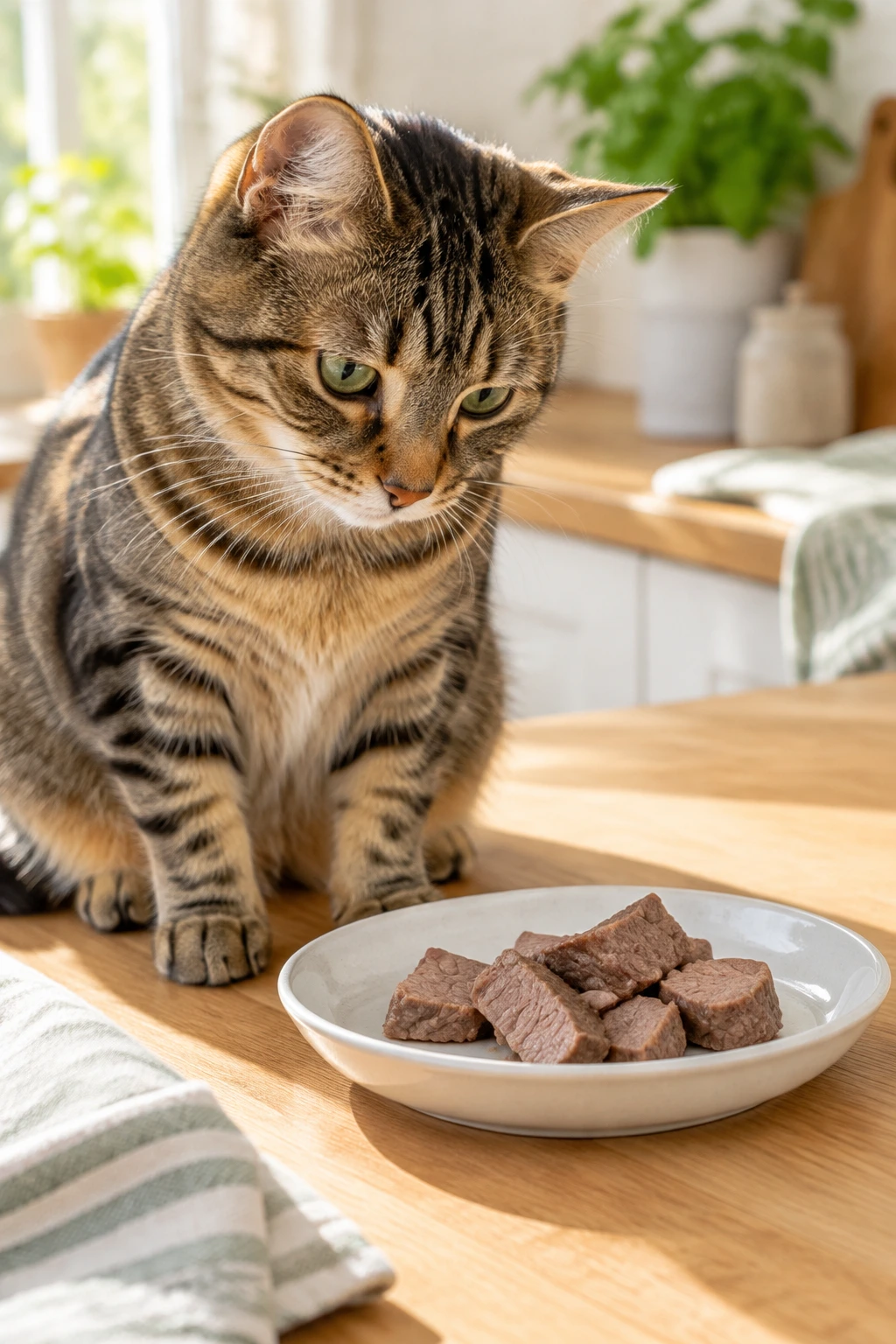 A curious tabby cat sniffing a small plate of plain cooked beef on a kitchen counter.