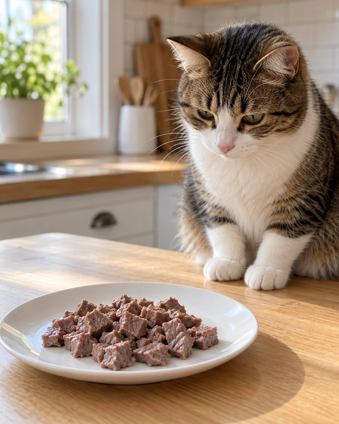 Small pieces of plain cooked lean beef prepared for a cat beside a white plate.