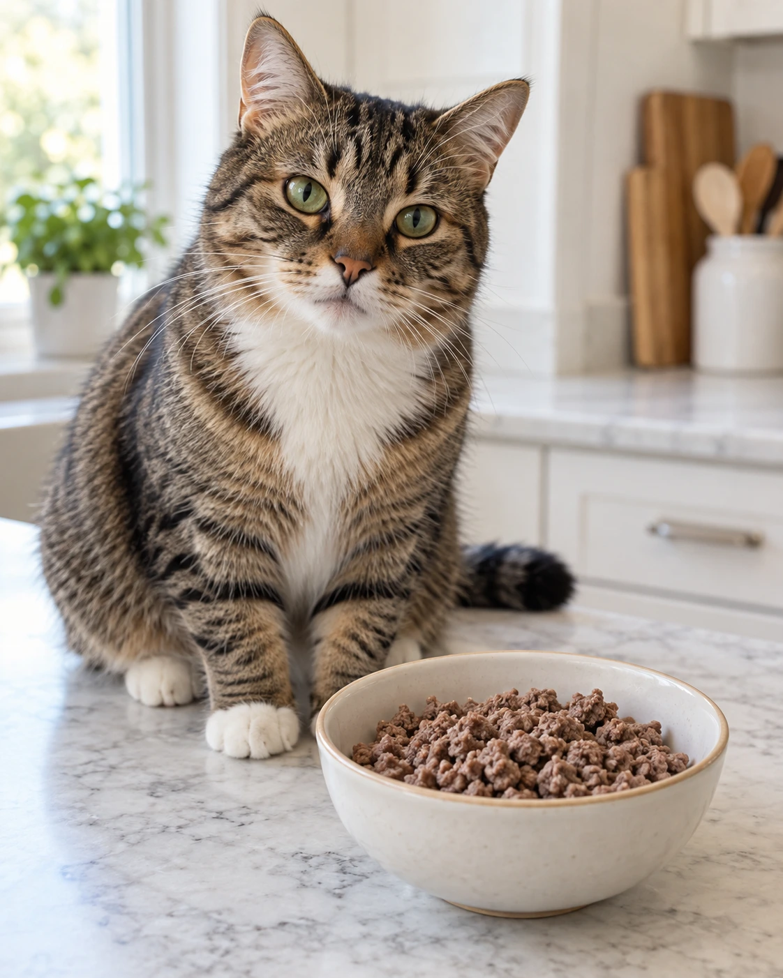 A small bowl of plain cooked ground beef beside a cat in a home kitchen.