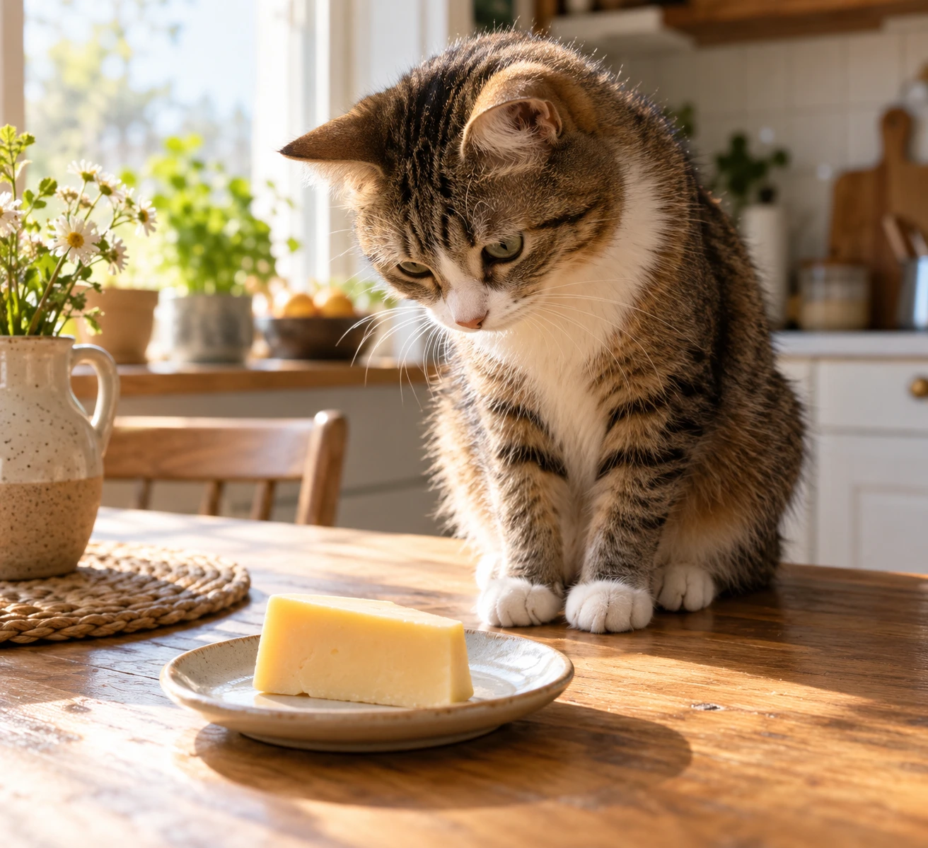 A cat sitting beside a small piece of cheese on a kitchen table