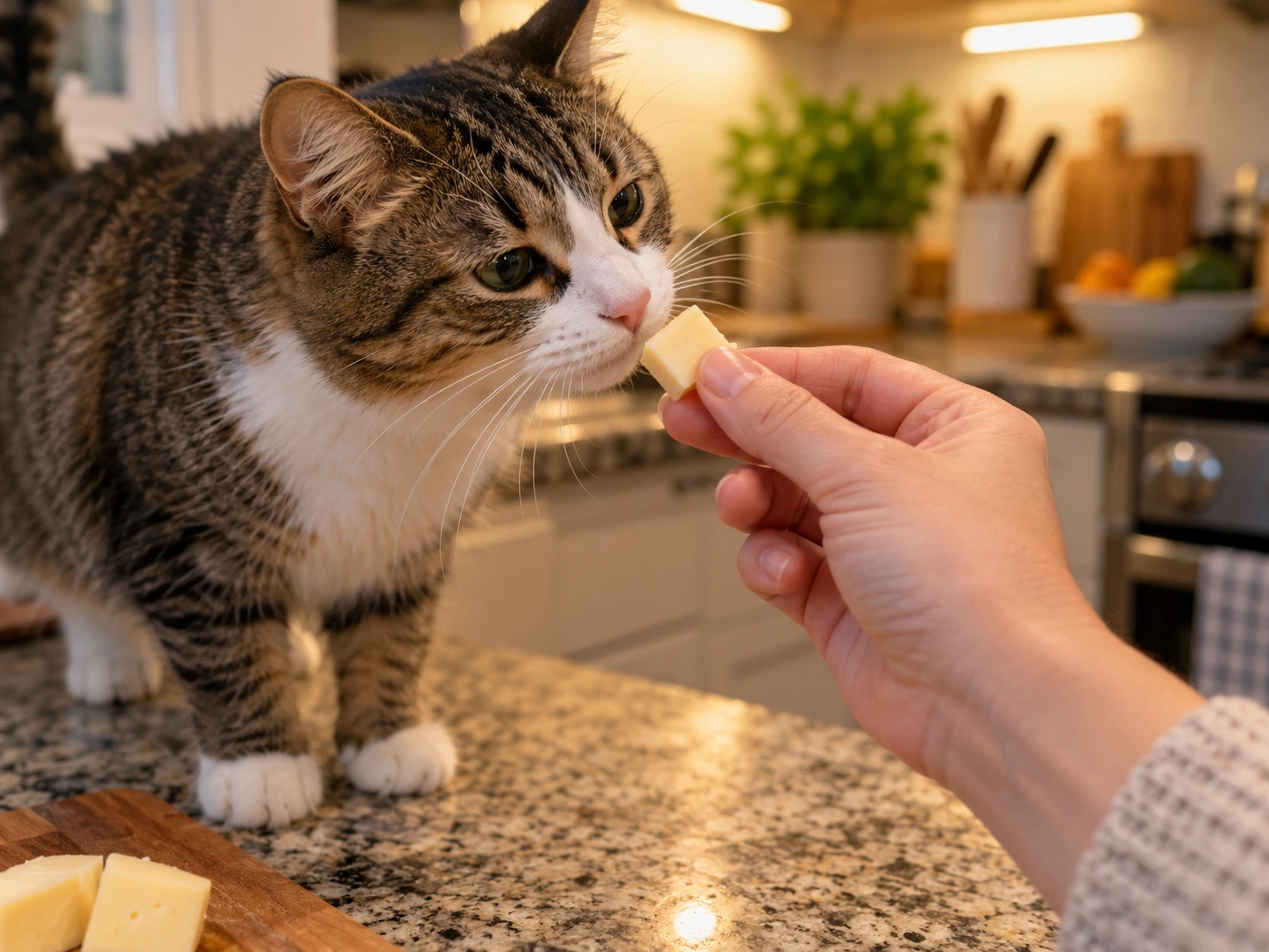 Cat sniffing a small piece of cheese near a kitchen counter
