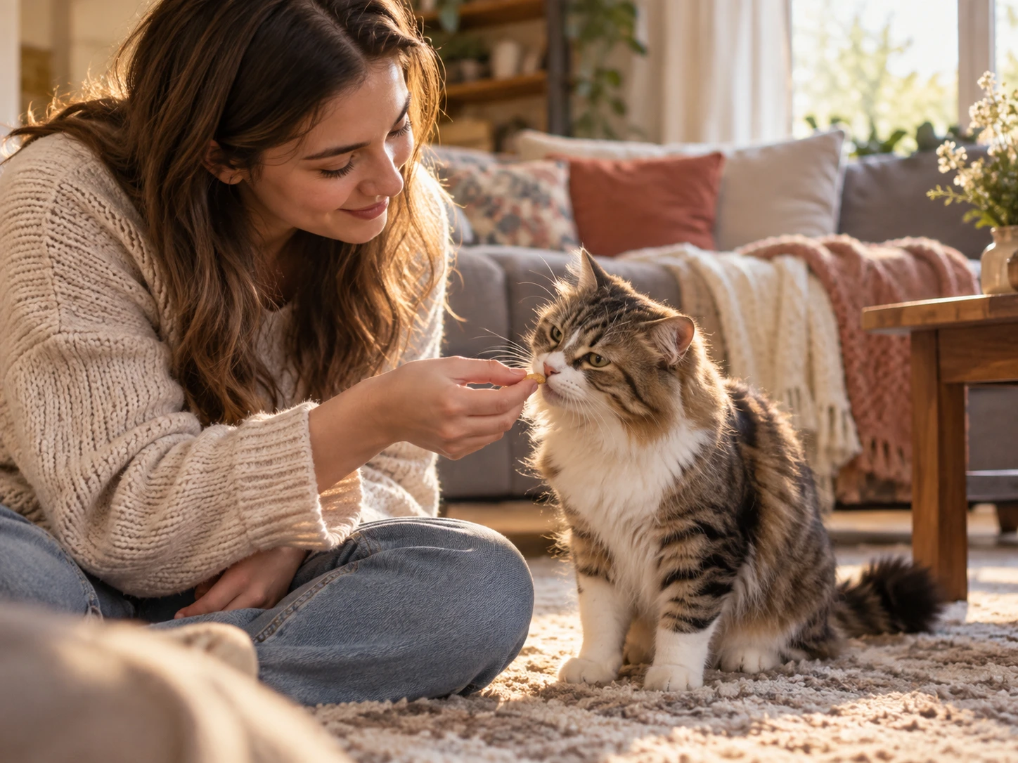 Person offering a cat a small pet treat in a living room