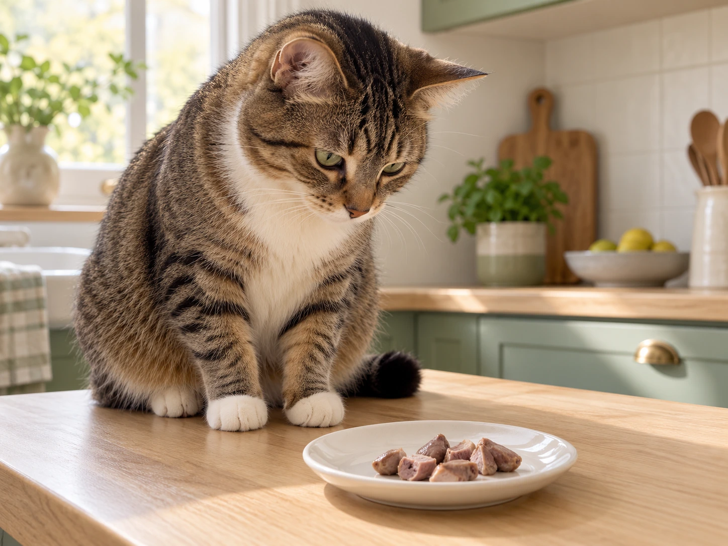 A curious domestic cat sitting beside a small plate of plain cooked chicken heart pieces on a clean kitchen counter