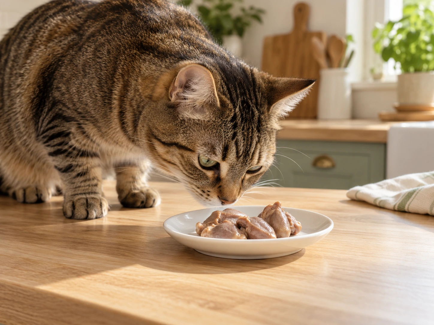 Tabby cat sniffing plain cooked chicken hearts on a small white plate