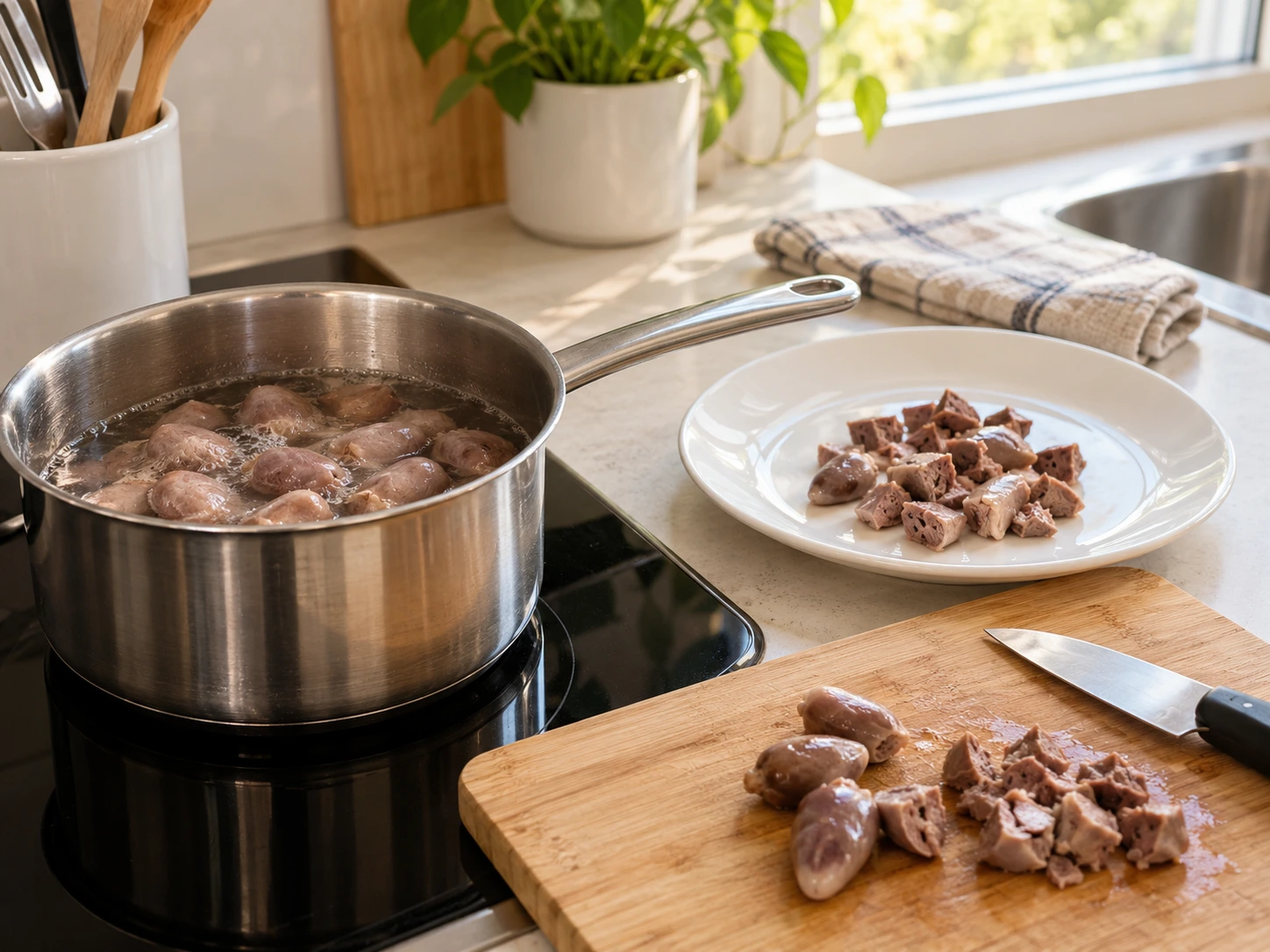 Plain chicken hearts cooked in a saucepan with chopped pieces cooling on a clean plate