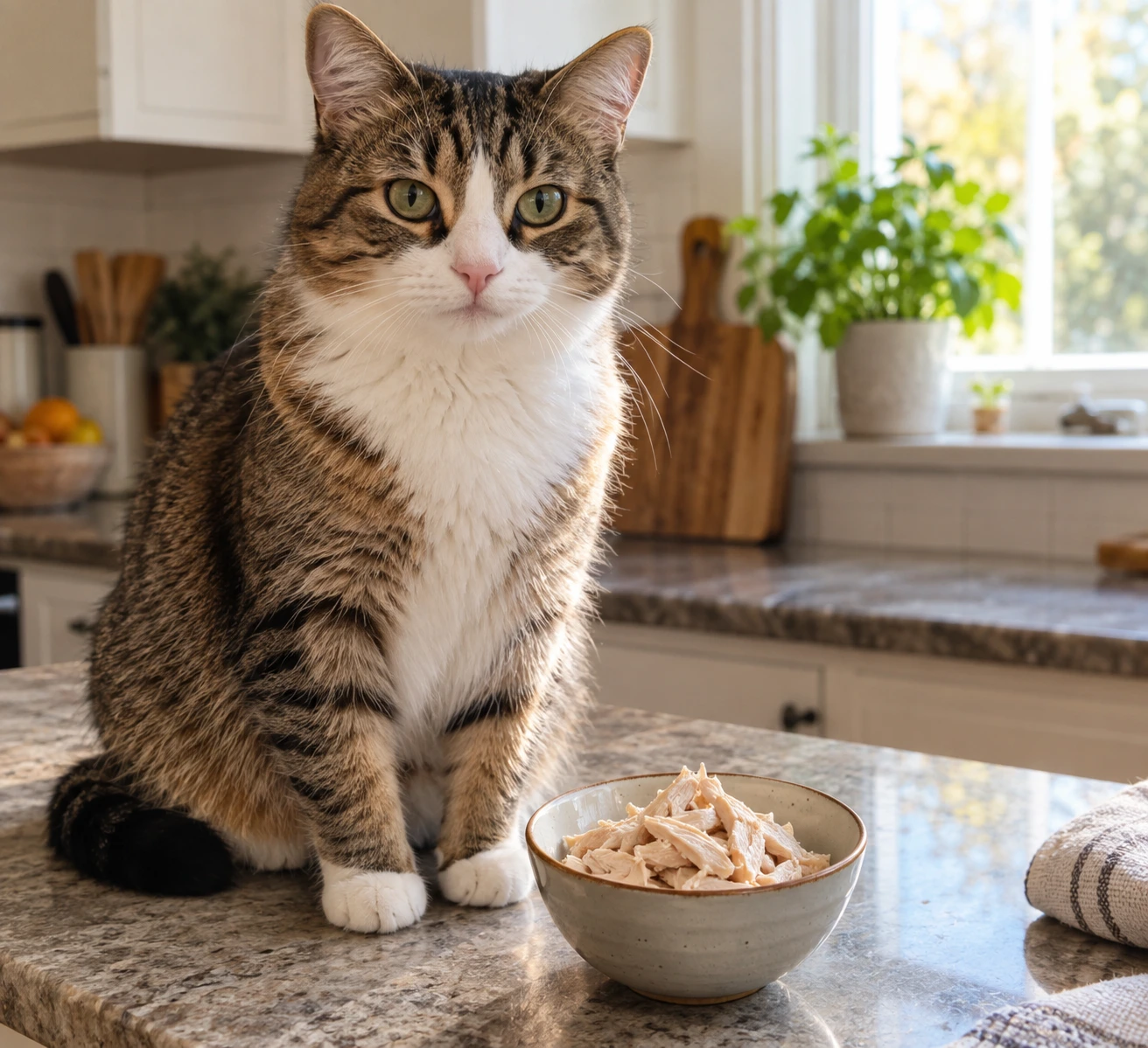 Cat sitting beside a small bowl of plain cooked chicken in a calm home setting