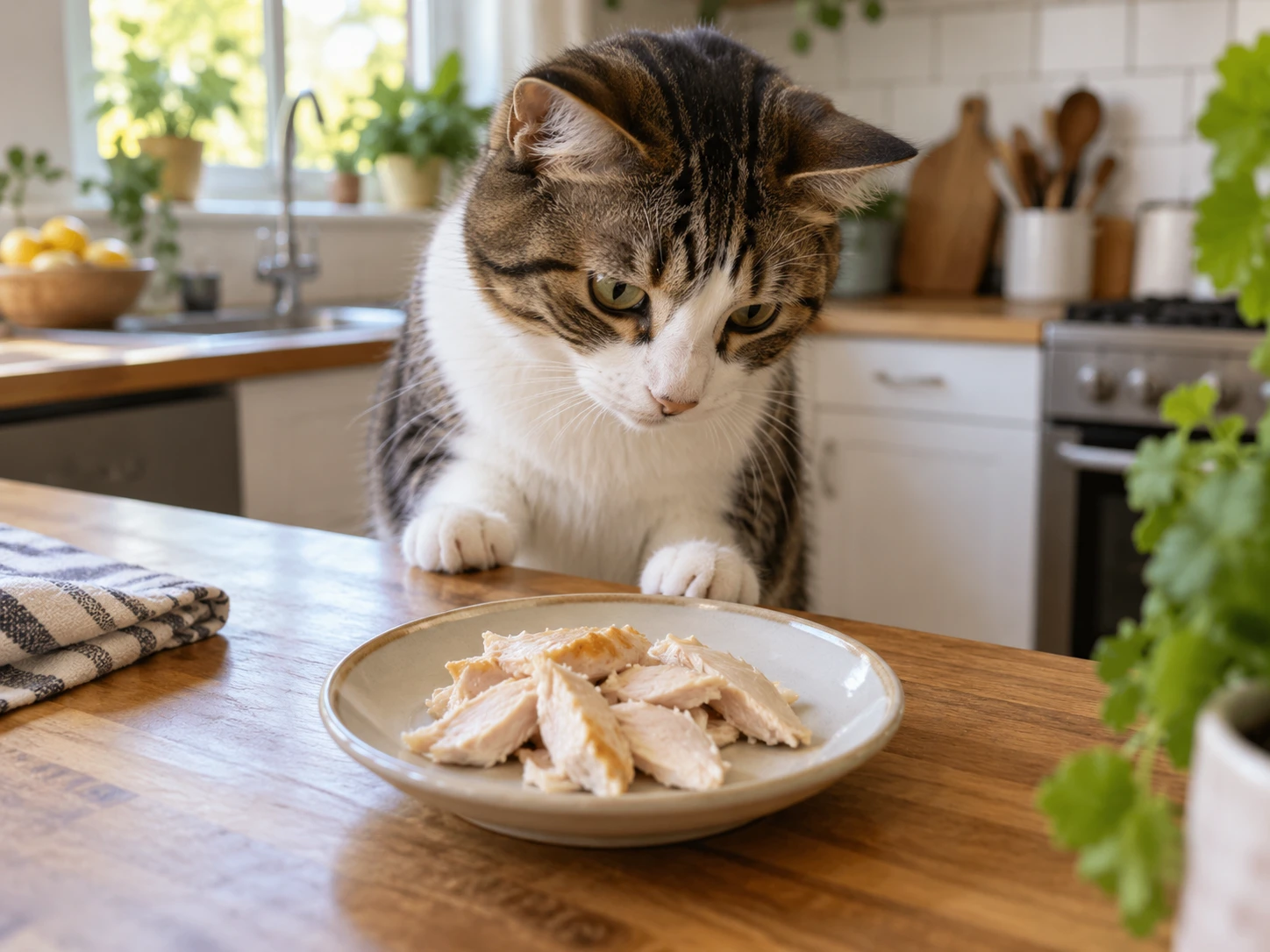 Curious cat looking at plain cooked chicken on a plate