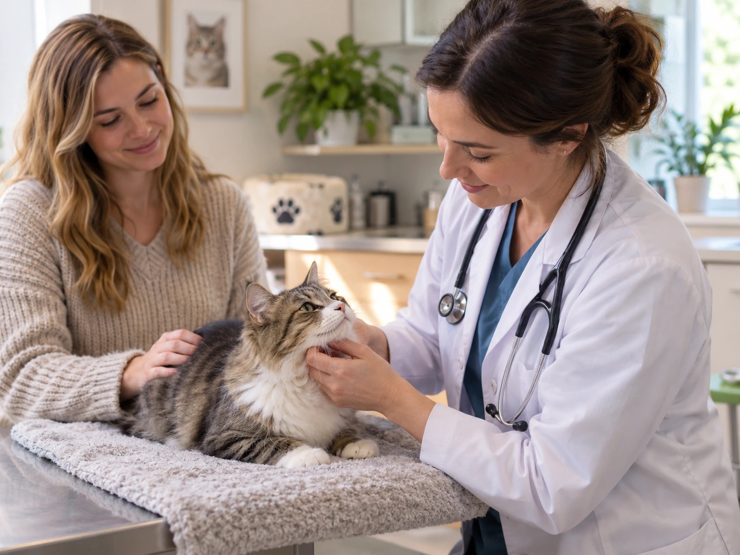 Veterinarian examining a cat with the owner nearby