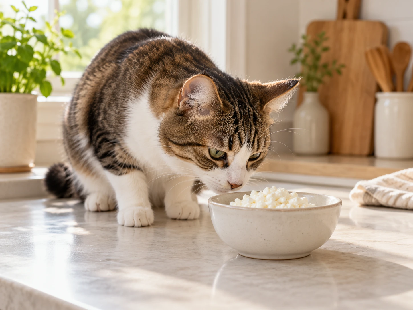 Curious domestic cat sniffing a small bowl of plain cottage cheese on a clean kitchen counter