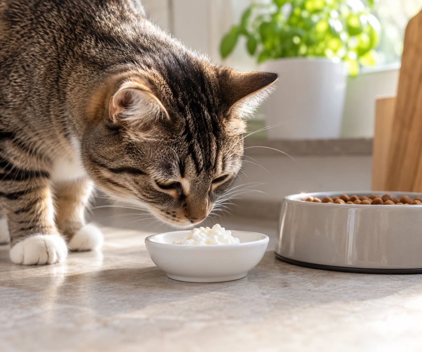 Adult cat sniffing a small dish of plain cottage cheese beside its regular food bowl