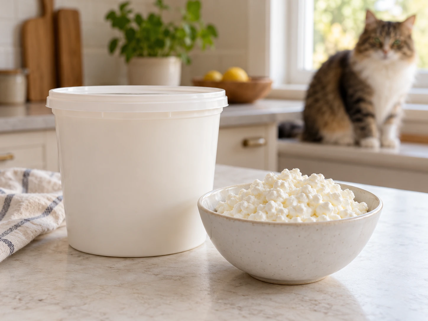 Plain cottage cheese in a small bowl beside an unbranded container with a cat in the background