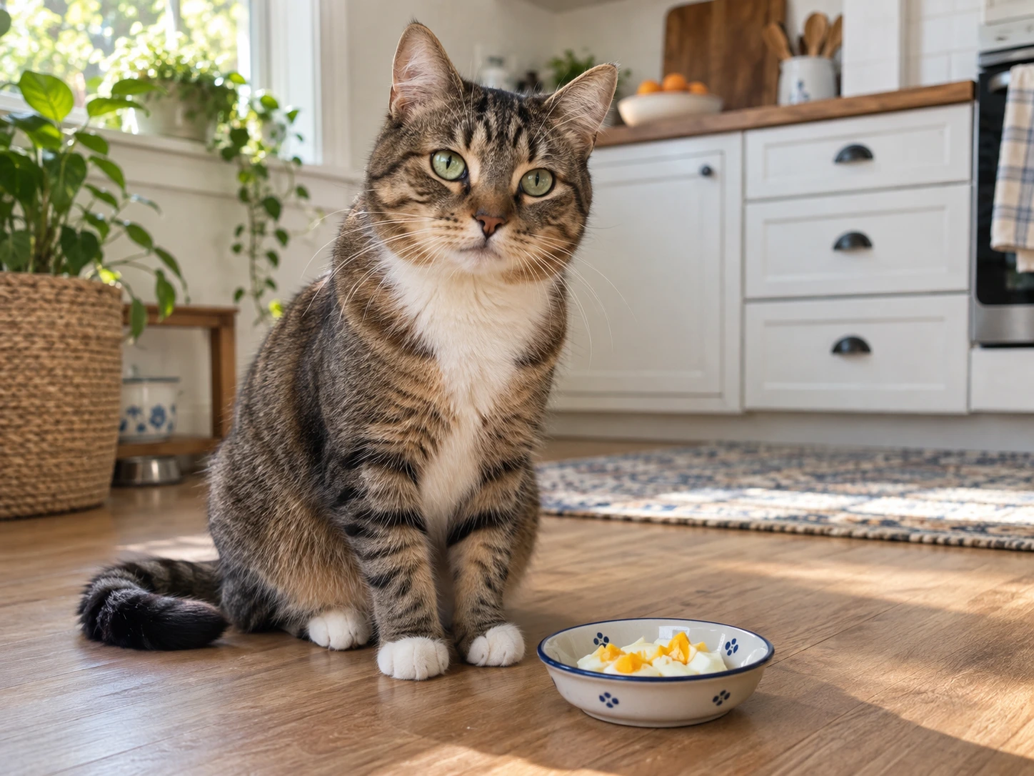 A curious cat sitting beside a small dish of plain cooked egg