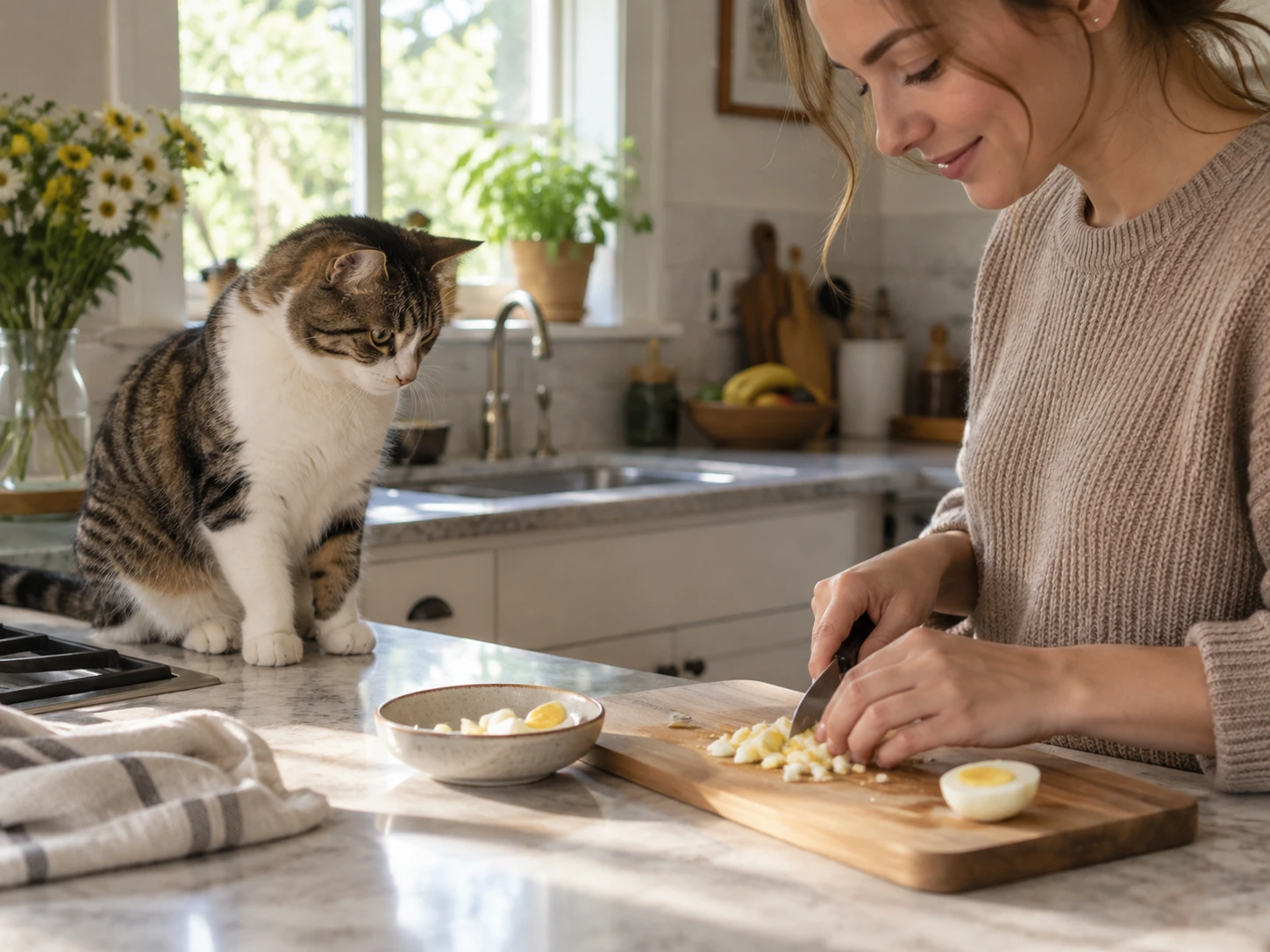 Cat watching a small serving of plain cooked egg being prepared