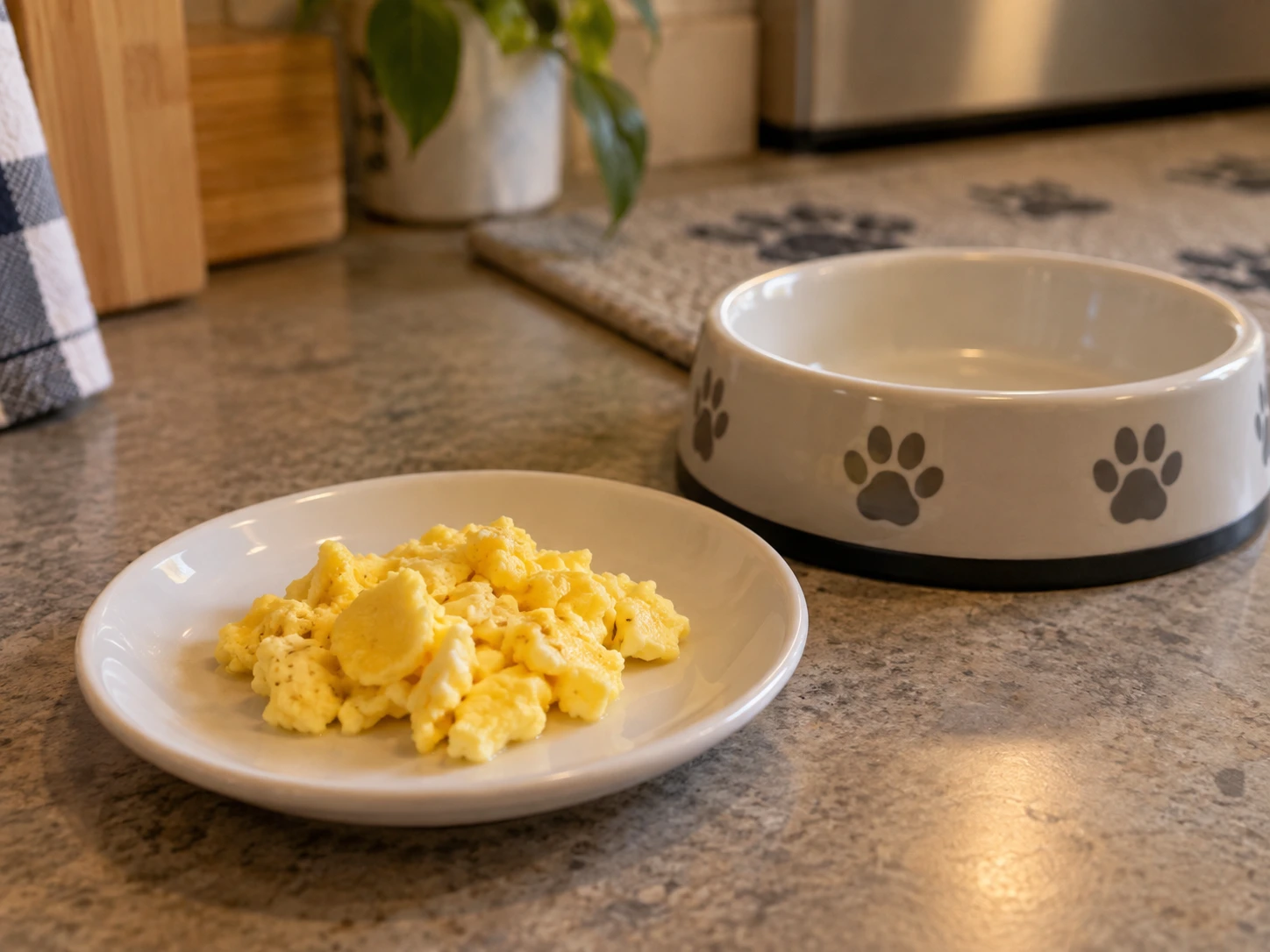 Plain fully cooked egg beside a cat food bowl