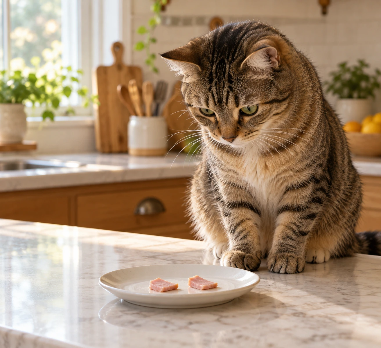 A curious tabby cat sitting beside a small plate of plain cooked ham on a kitchen counter.