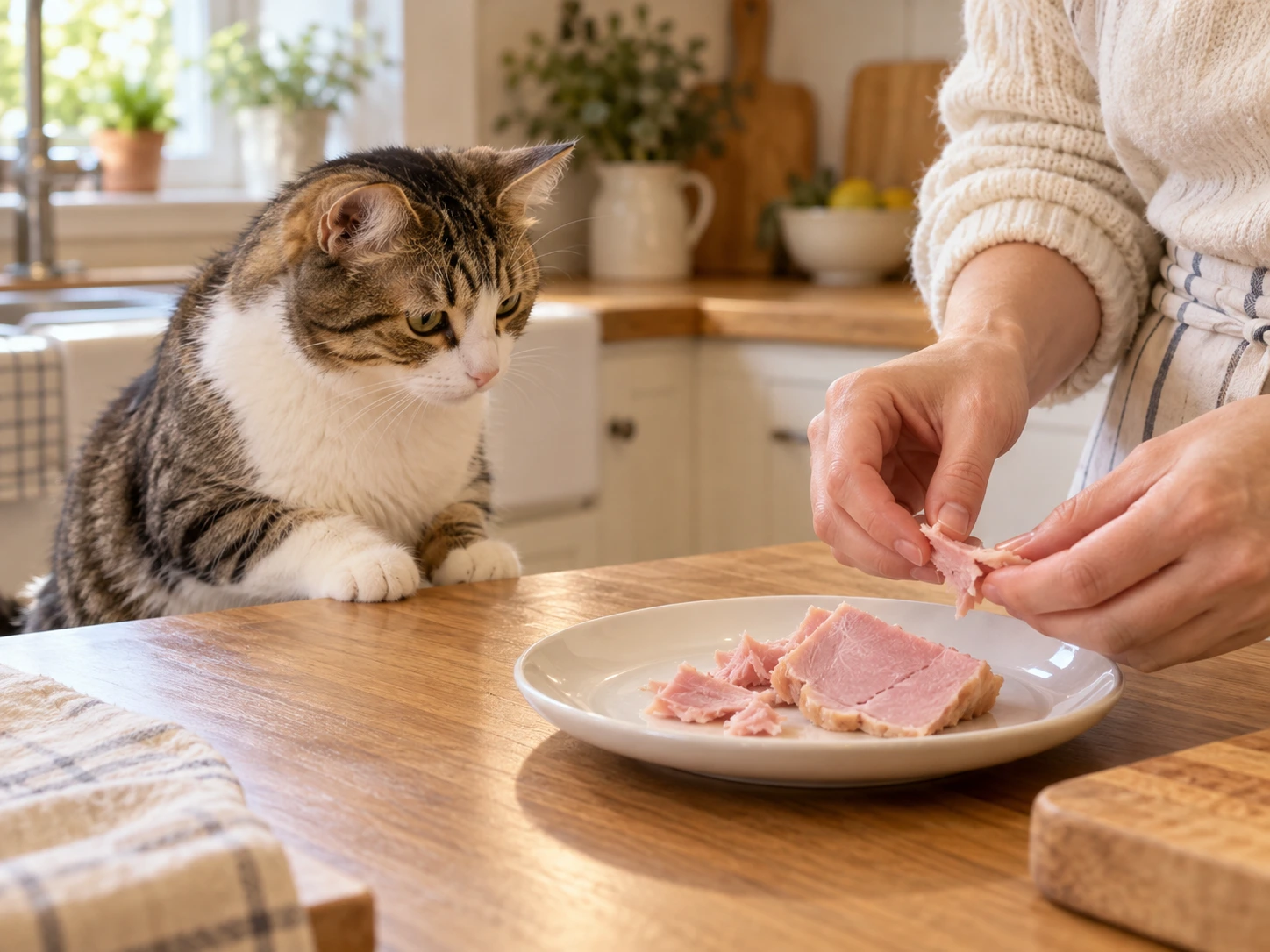A cat watching a small portion of plain cooked ham on a kitchen counter.