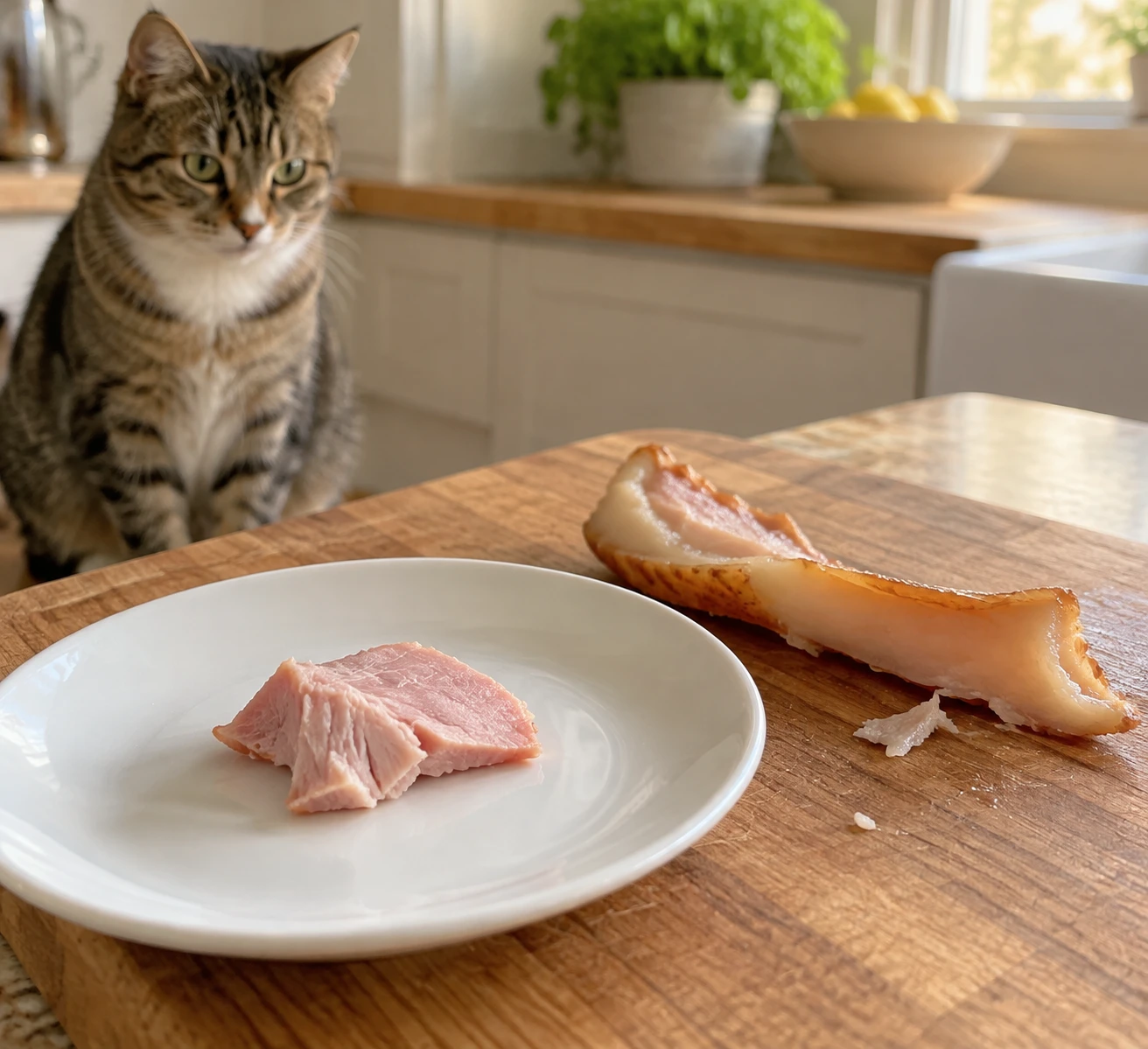 A small piece of plain cooked ham beside a fatty piece of ham rind, with a cat in the background.