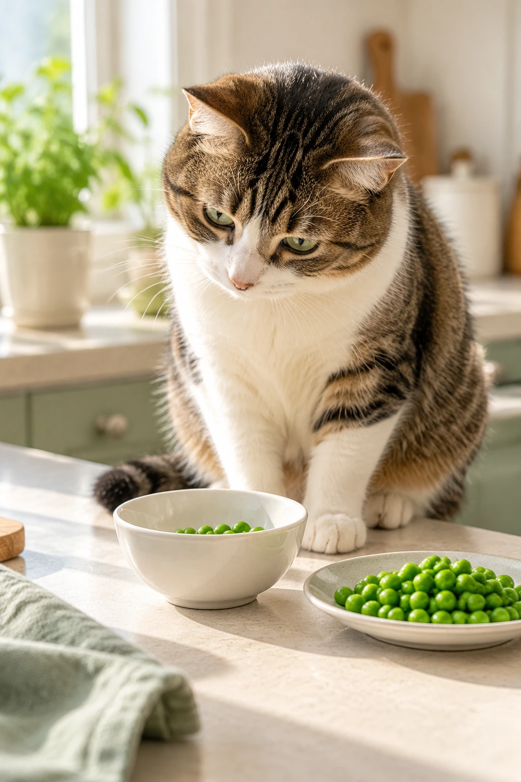 A curious domestic cat sniffing a small bowl of plain green peas on a kitchen counter
