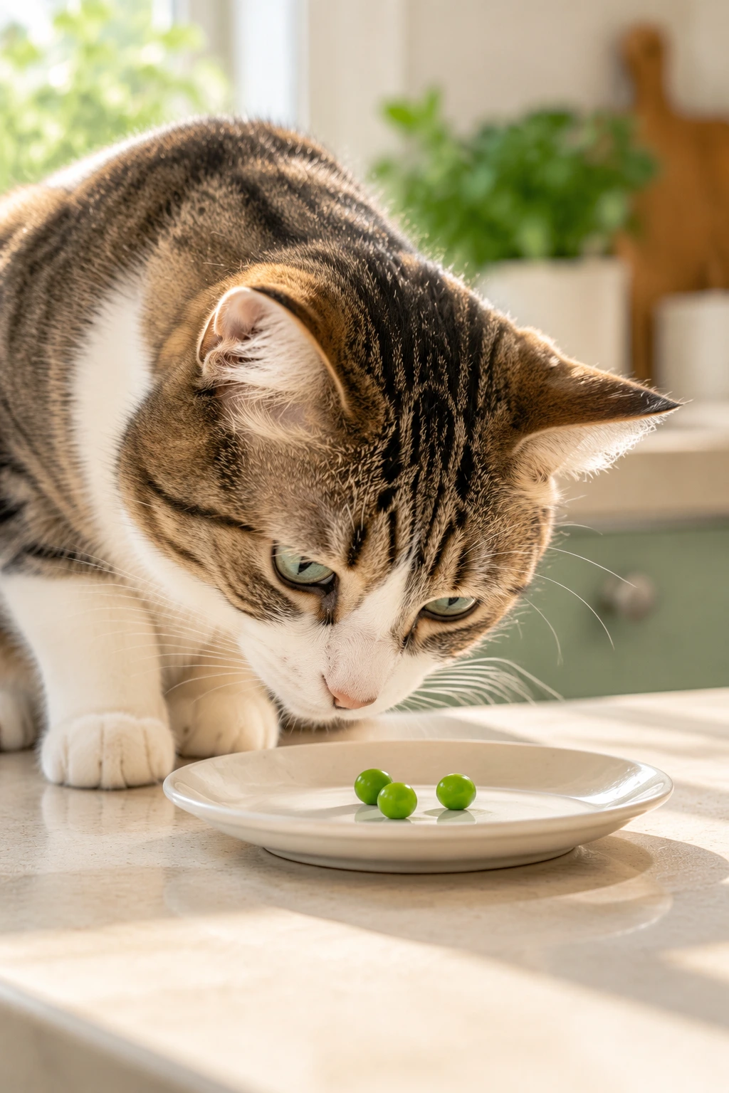 A domestic cat sniffing a few plain green peas on a white plate