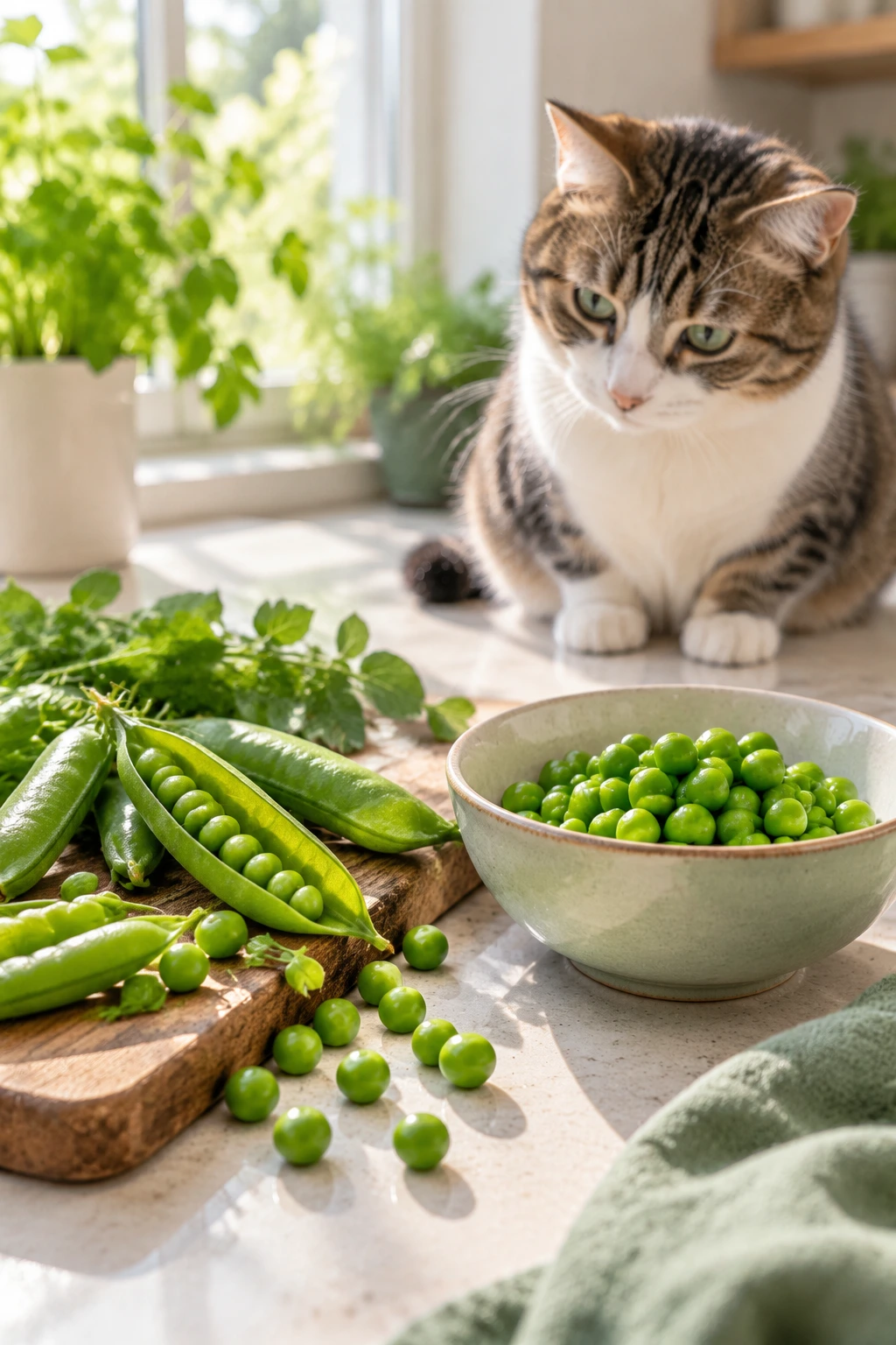 Freshly shelled green peas beside a bowl of plain cooked peas with a cat nearby