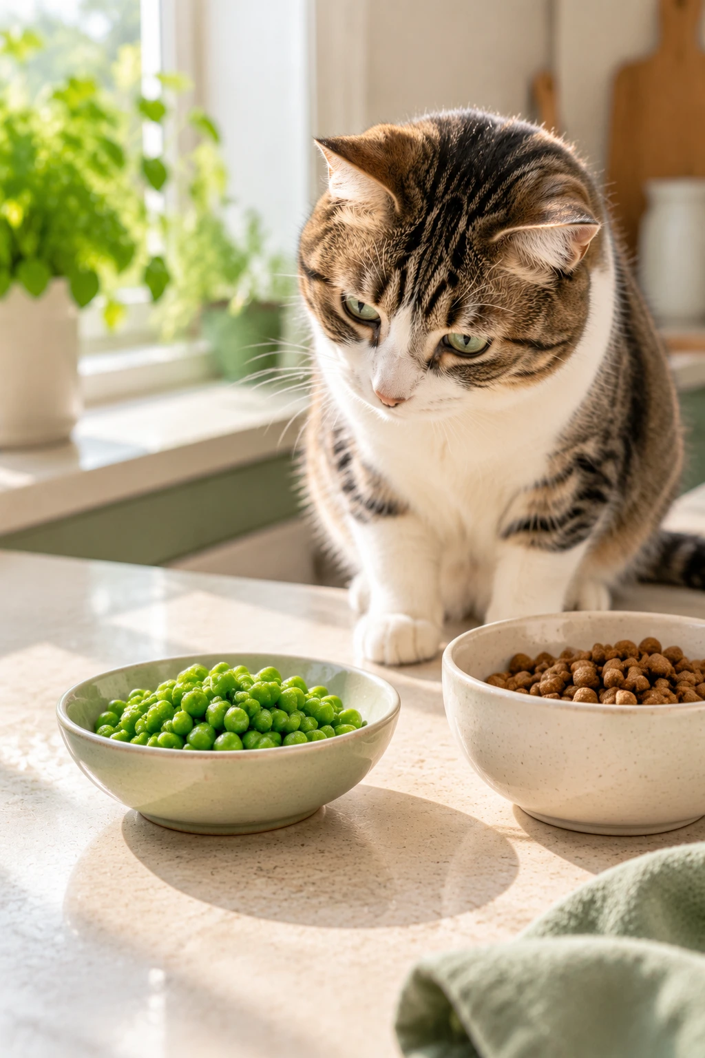 A bowl of thawed, cooked green peas prepared for an occasional cat snack