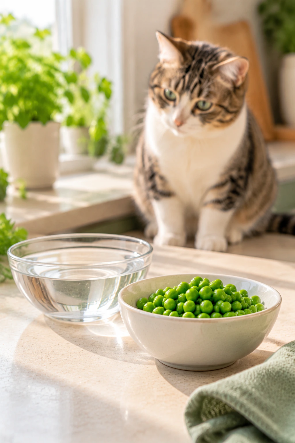 Plain green peas drained into a small bowl for checking before serving to a cat