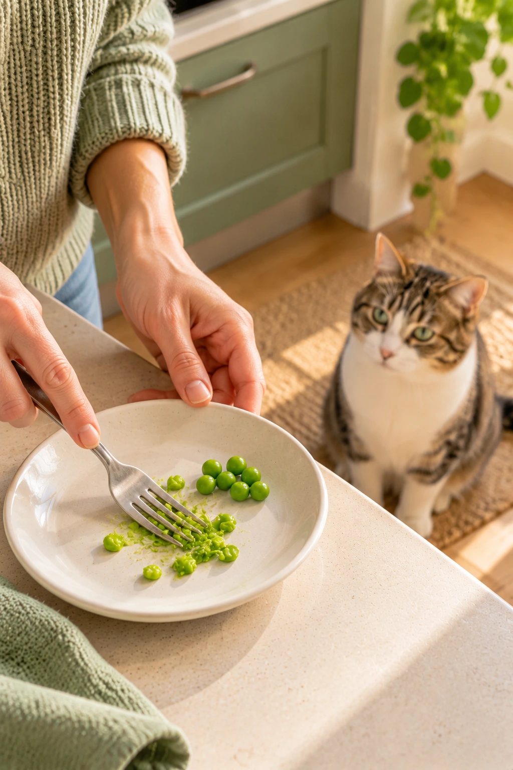 Plain cooked peas being mashed into a small portion for a cat