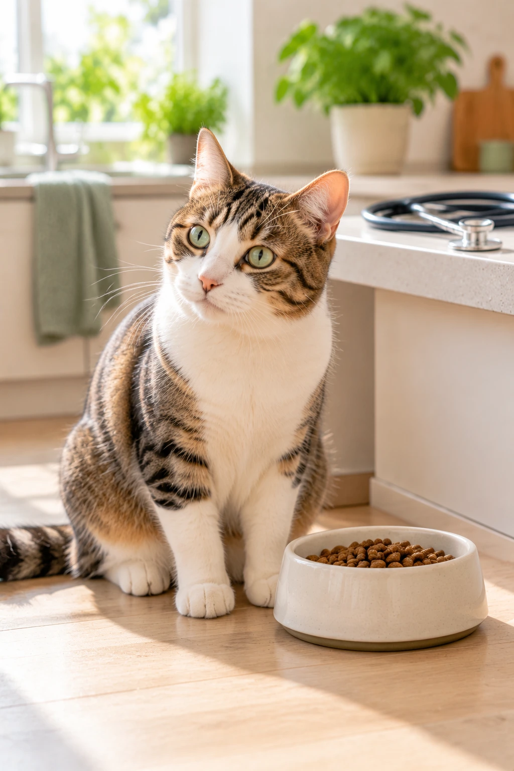 A domestic cat beside its usual food bowl in a calm home setting