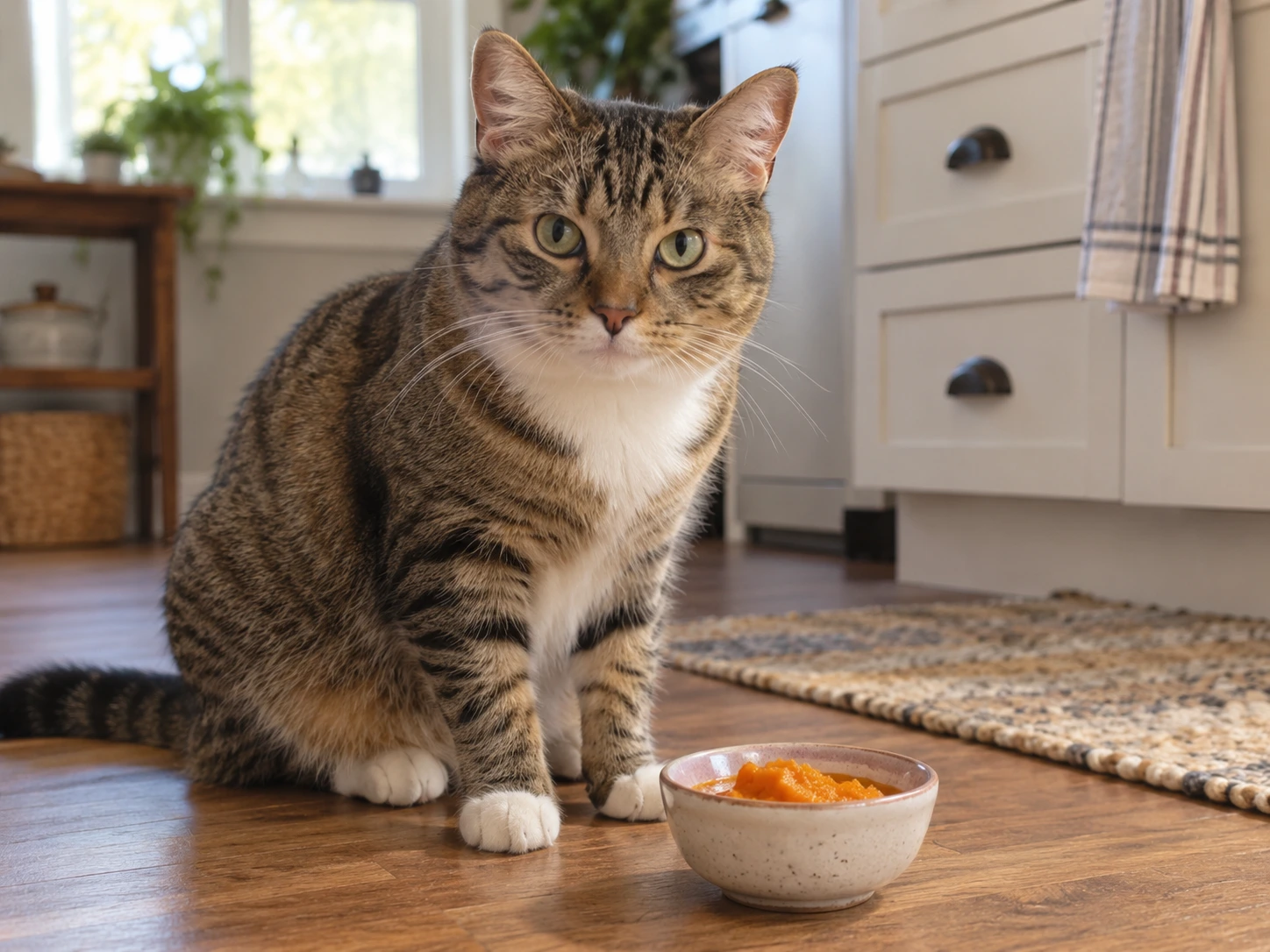 A household cat beside a small dish containing plain pumpkin puree in a bright home kitchen