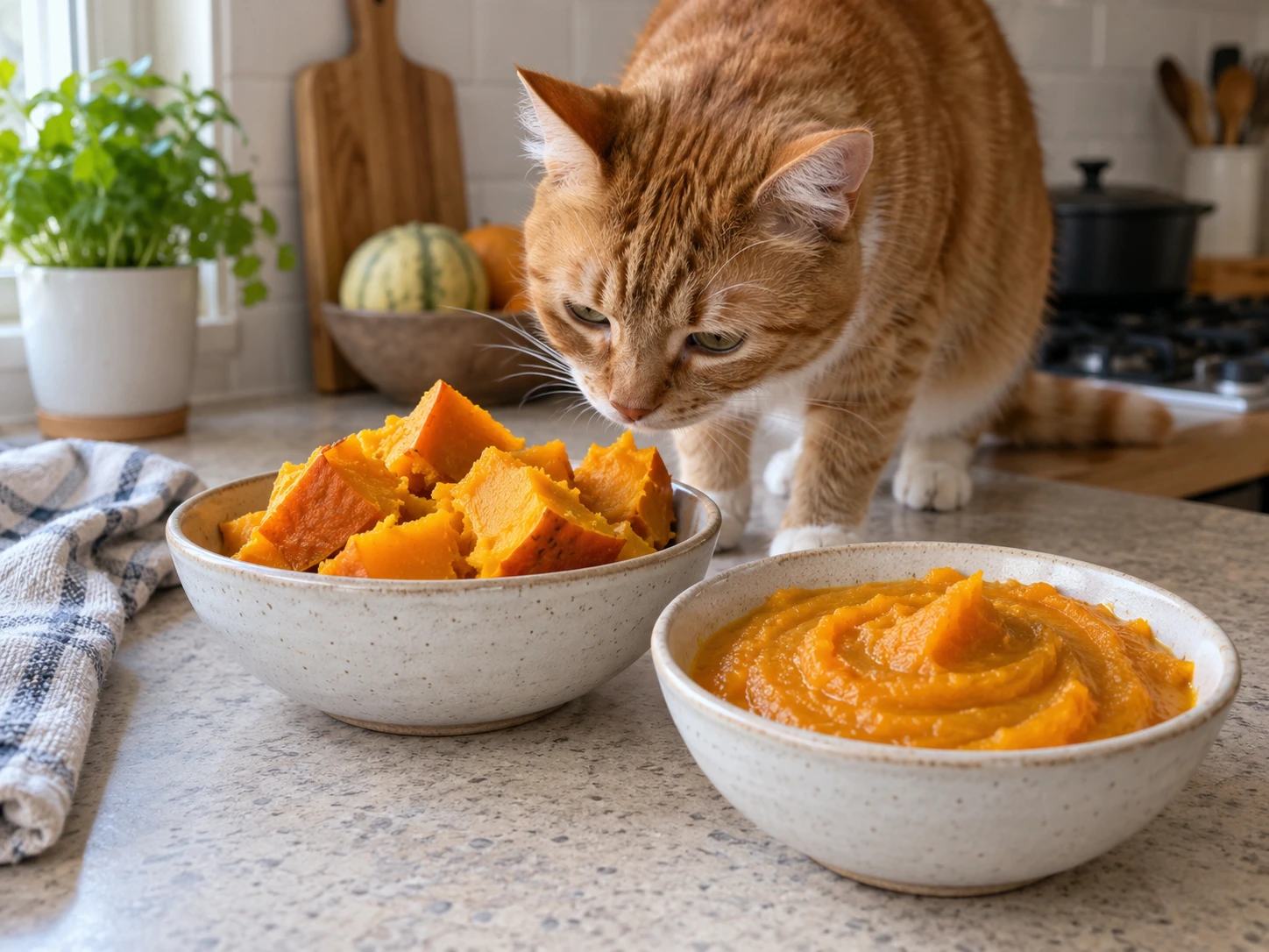 Plain cooked pumpkin and pumpkin puree prepared in simple dishes near a curious cat