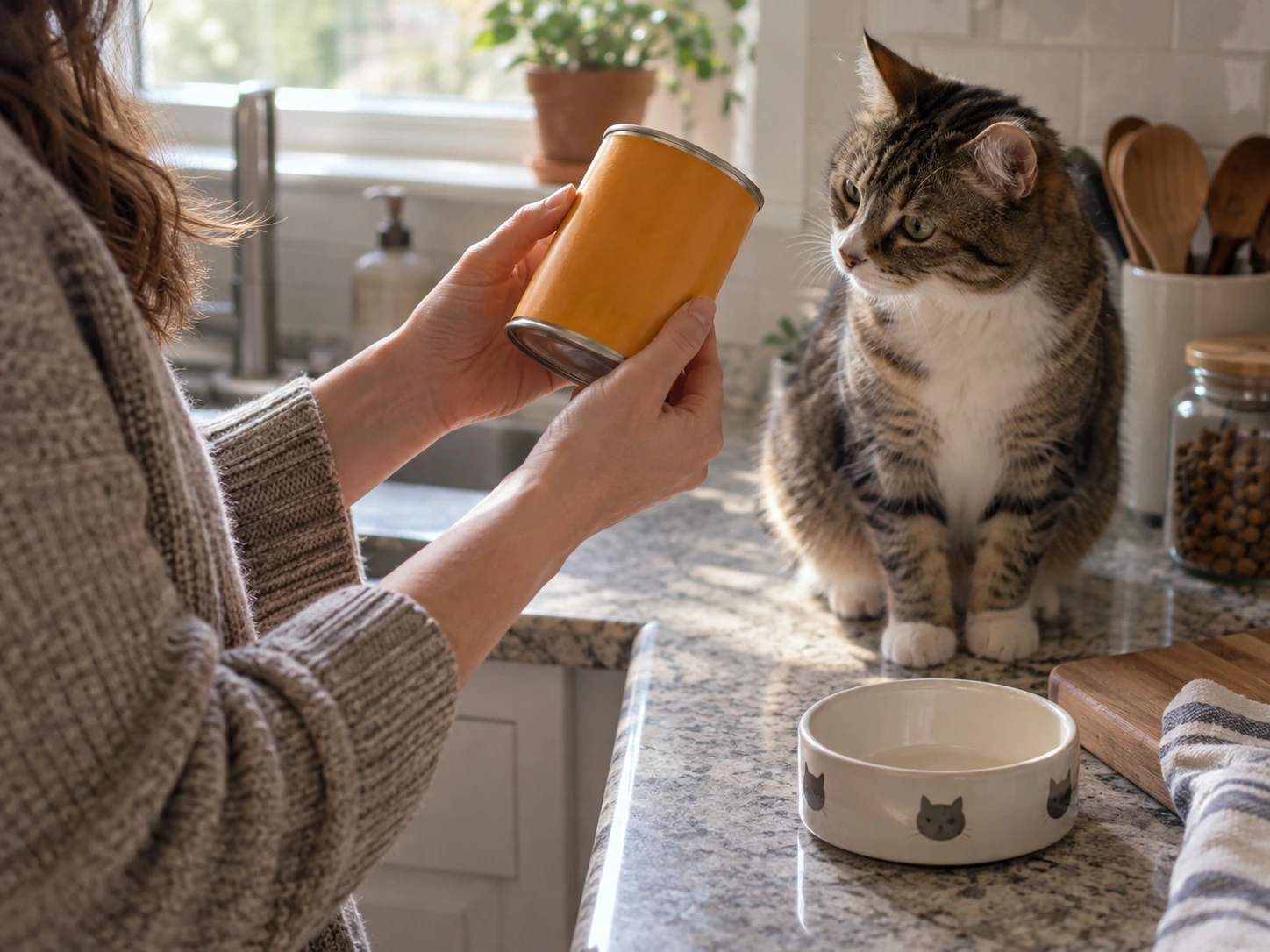 A pet owner checking a pumpkin product before offering any to a cat