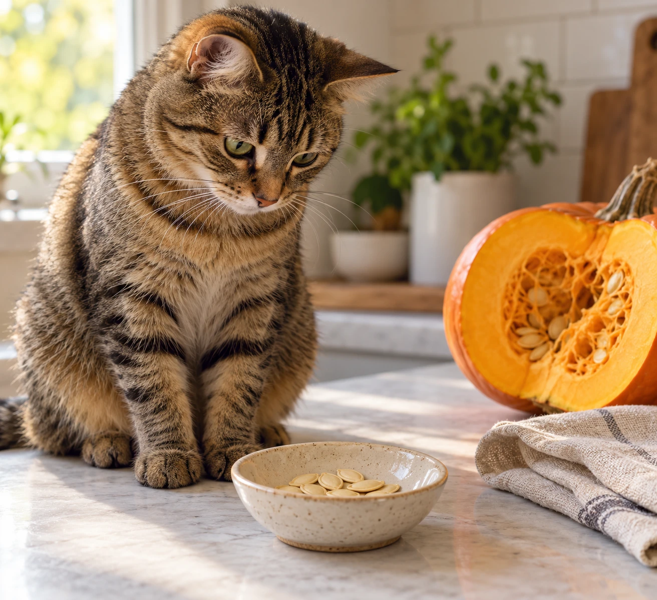 A curious tabby cat sniffing a small dish of plain pumpkin seeds on a kitchen counter