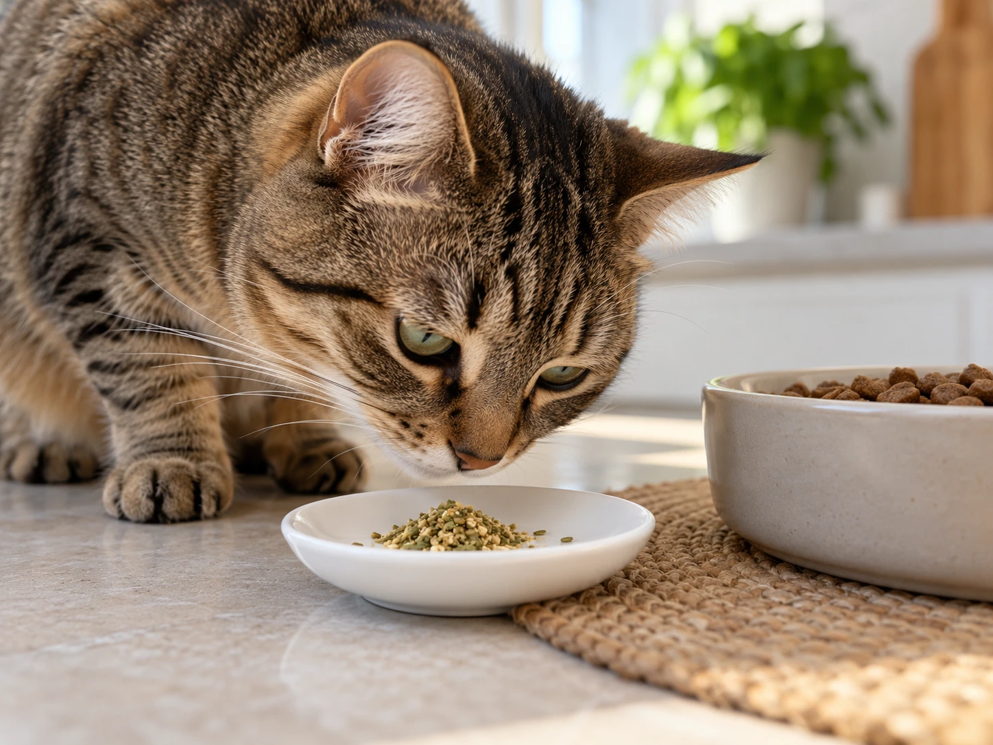 Tabby cat sniffing a small amount of finely crushed plain pumpkin seed beside its food bowl