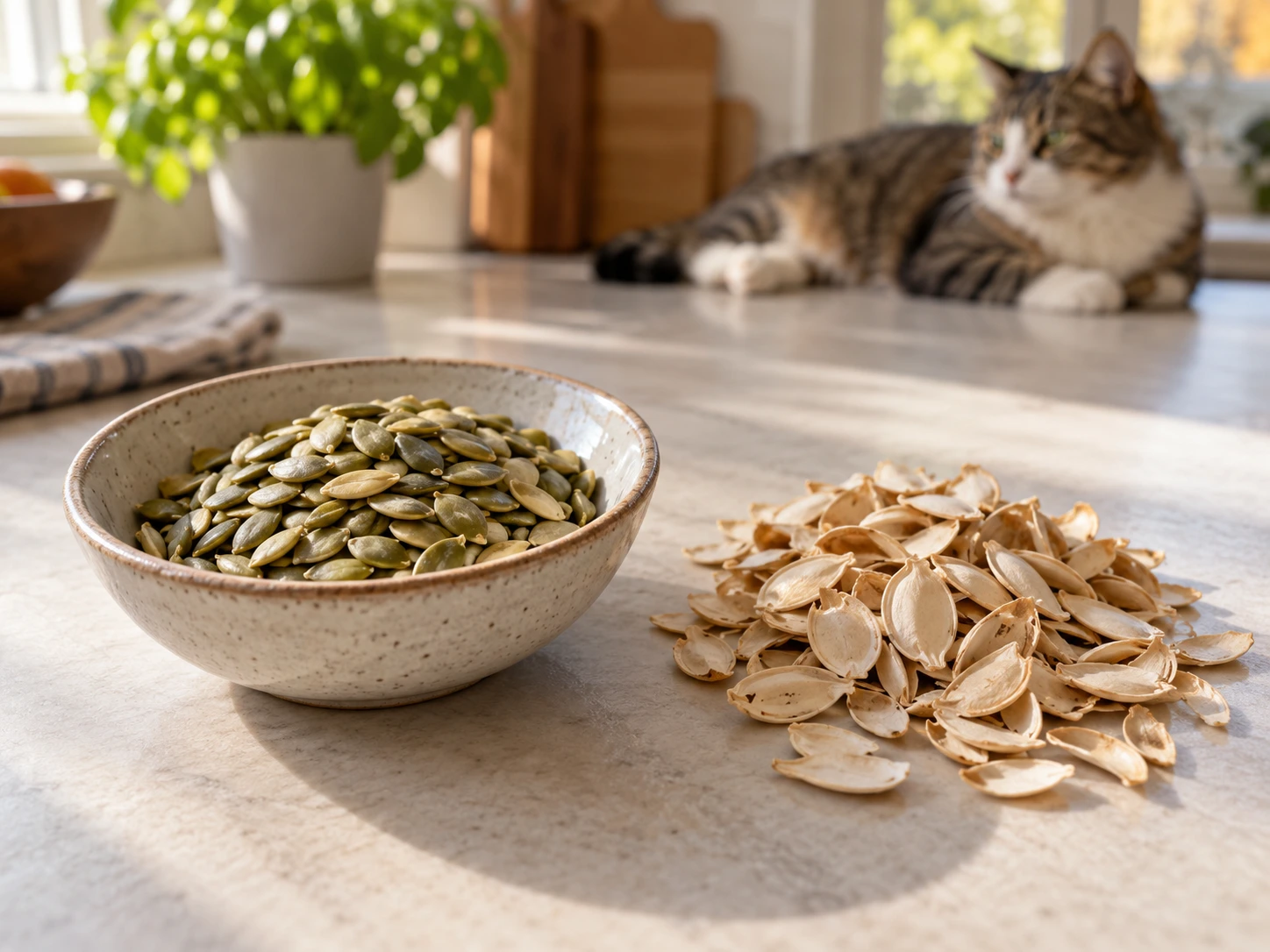 Shelled pumpkin seed kernels separated from their hard shells on a kitchen counter