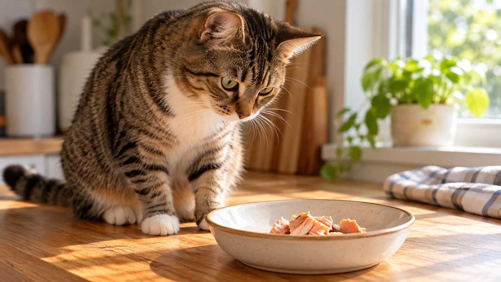 Curious tabby cat sniffing a small bowl of plain cooked salmon flakes on a kitchen counter