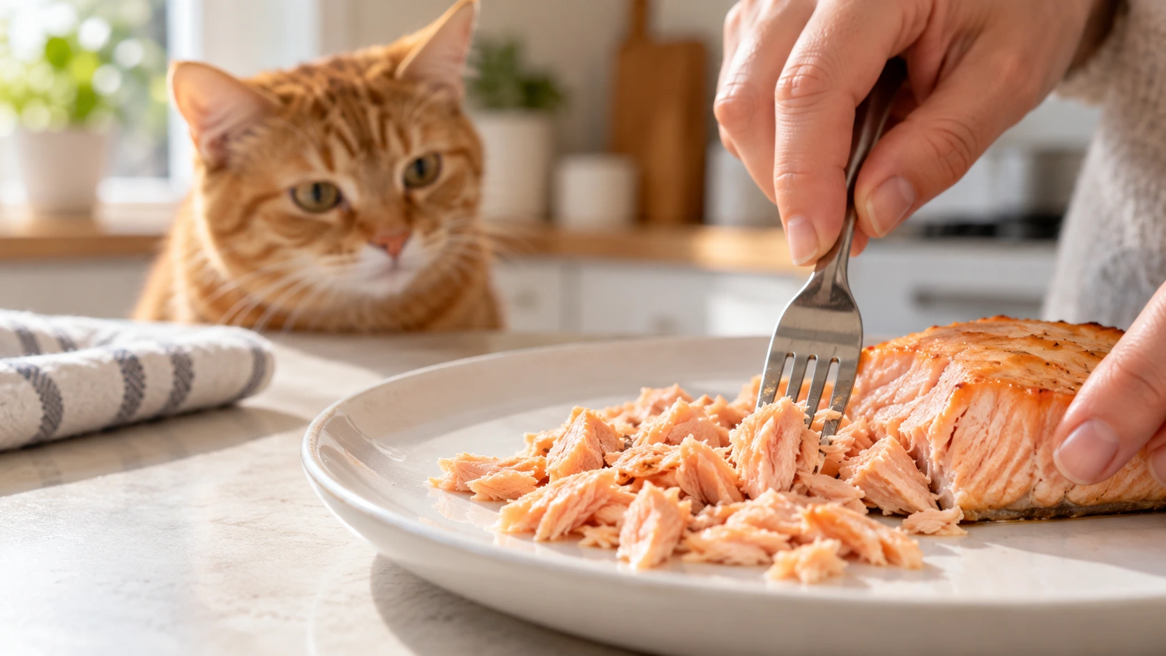 Plain baked salmon being flaked with a fork while a ginger cat watches nearby