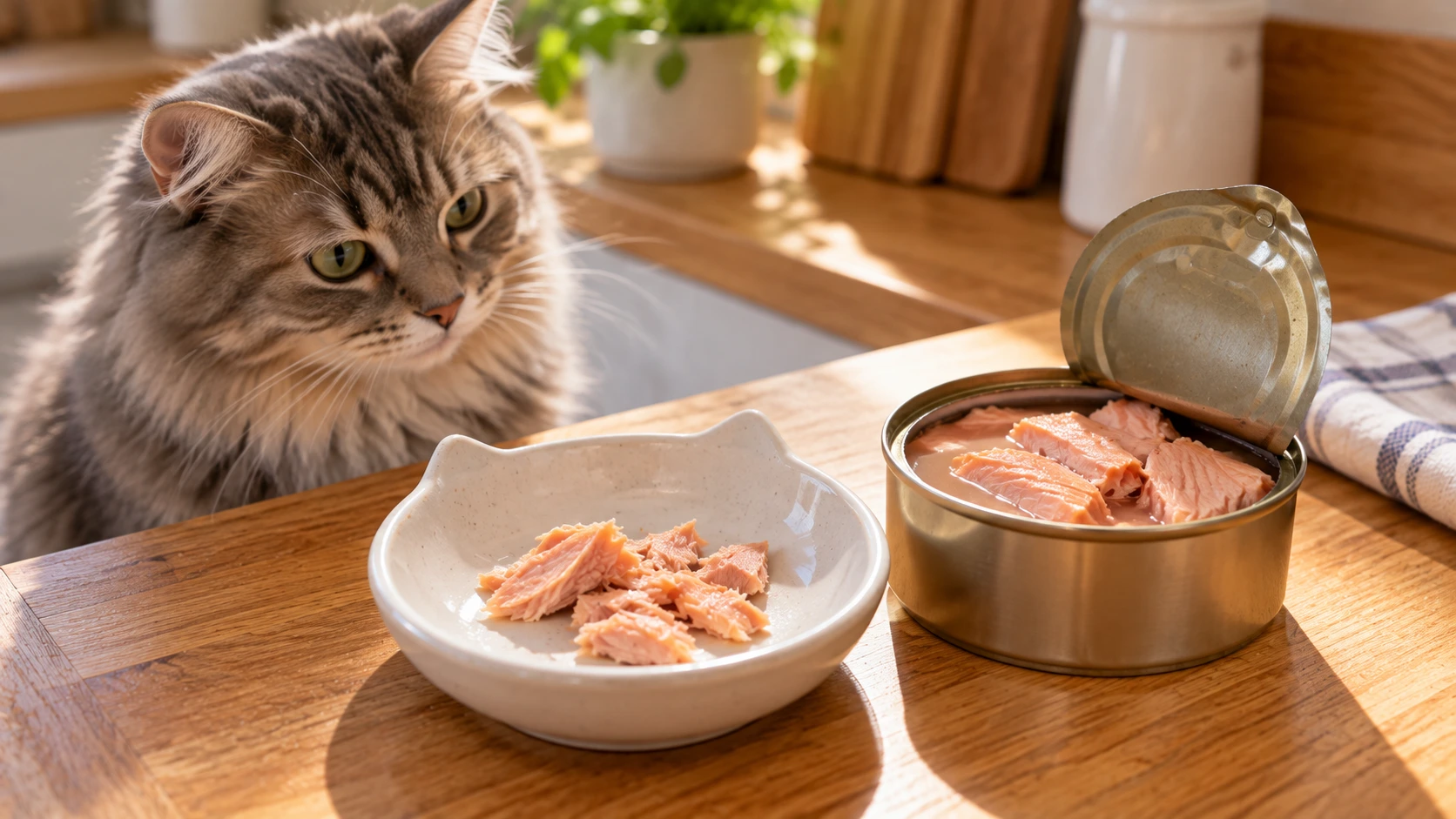 Plain canned salmon in water beside a small cat dish containing boneless fish flakes