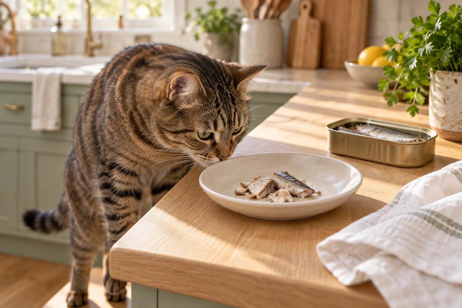 Curious tabby cat sniffing a small serving of plain sardine pieces in a ceramic dish on a kitchen counter