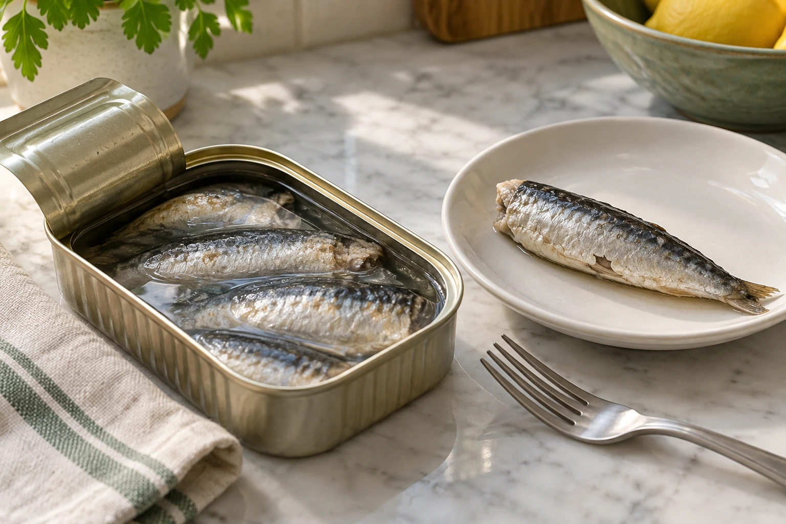 Plain canned sardines packed in water beside a drained sardine on a ceramic plate