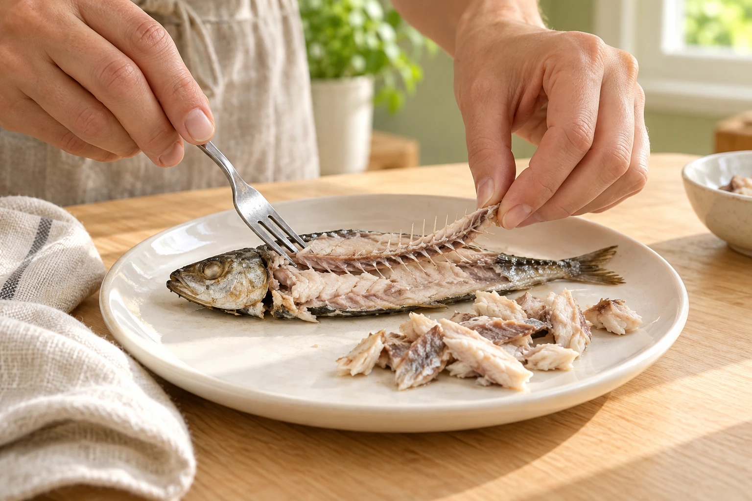 Hands separating a cooked sardine to remove the central backbone before serving the fish to a cat