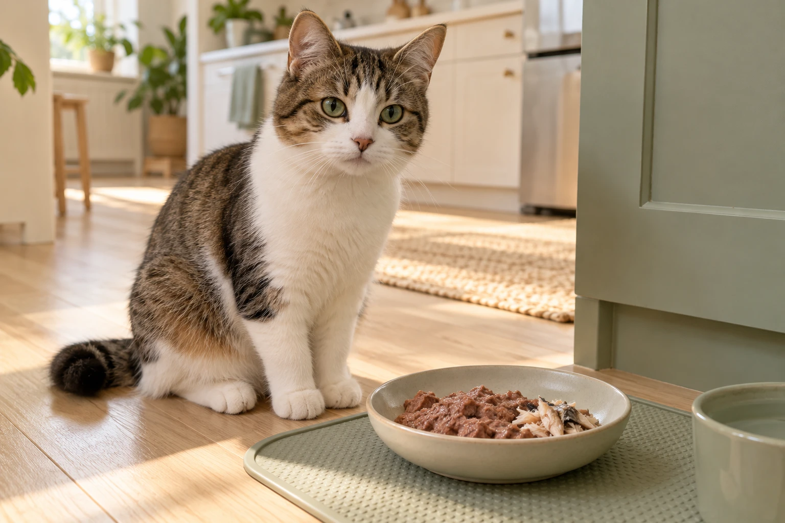 Small portion of flaked sardine mixed into a cat's usual wet food in a shallow feeding dish