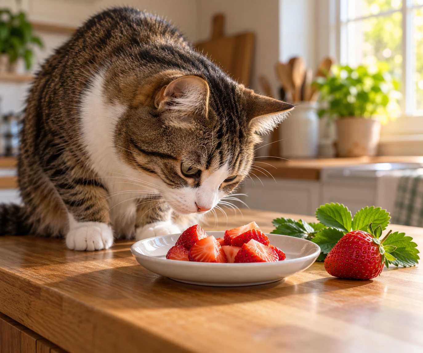A curious domestic cat sniffing a small piece of fresh strawberry beside a clean ceramic plate on a kitchen counter.
