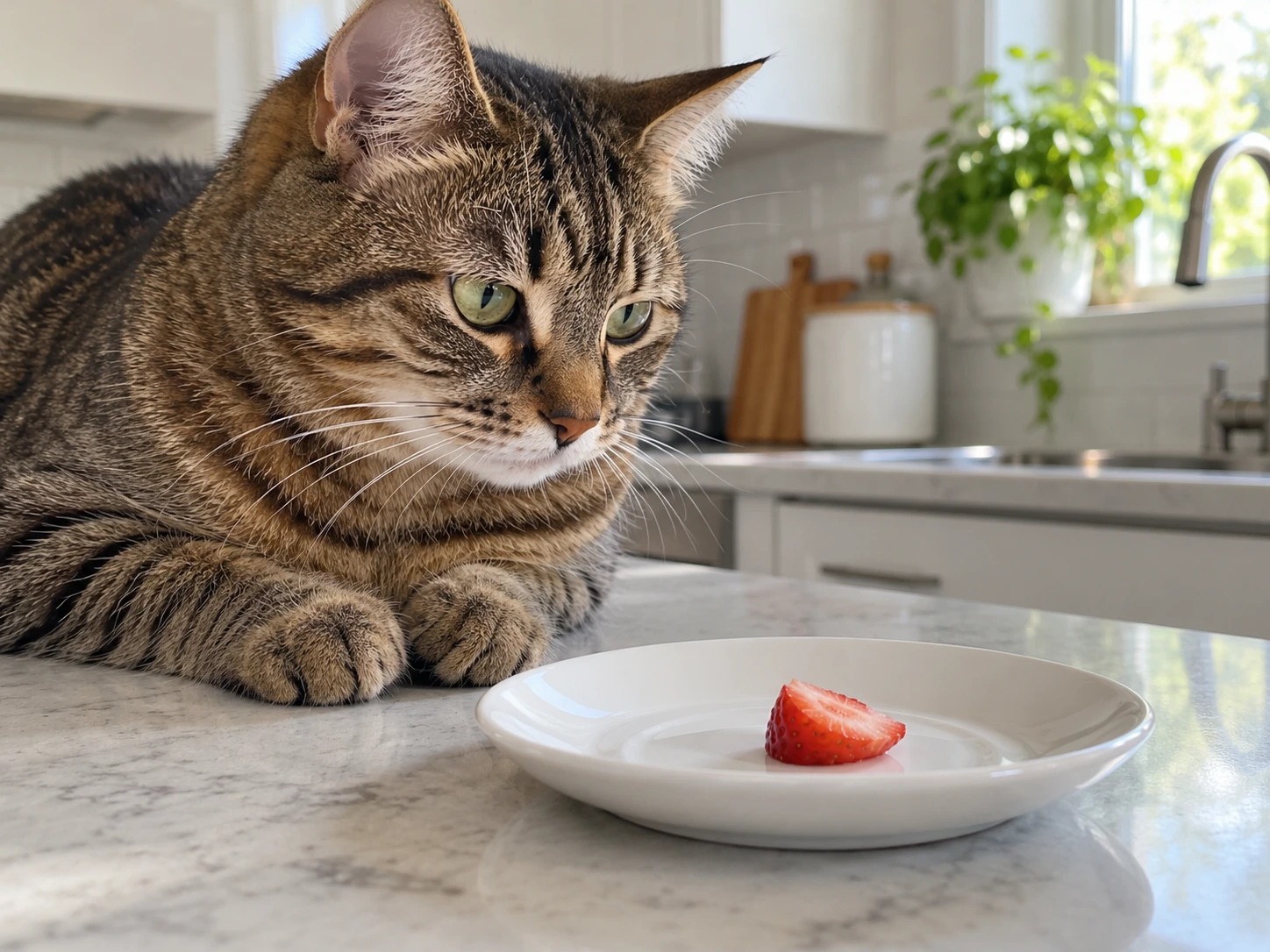 A small piece of strawberry on a white saucer beside a tabby cat.