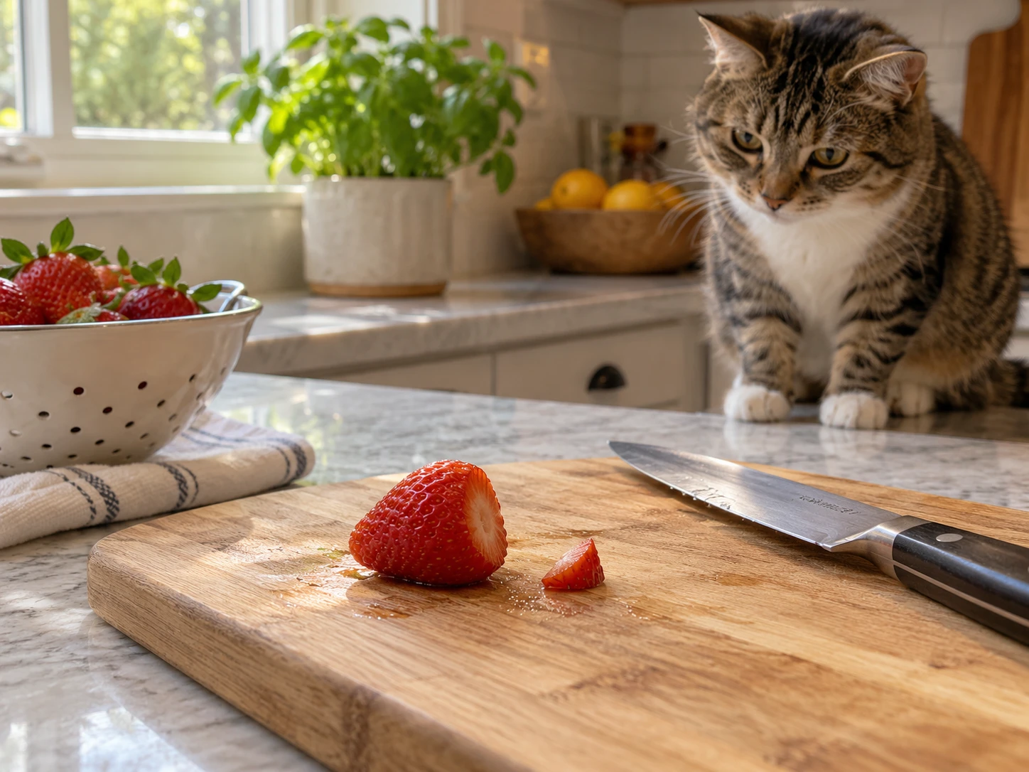 A washed strawberry with its leafy top removed and a tiny piece prepared for a cat.